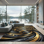 Swirling Golden Black Abstract Vortex Rug