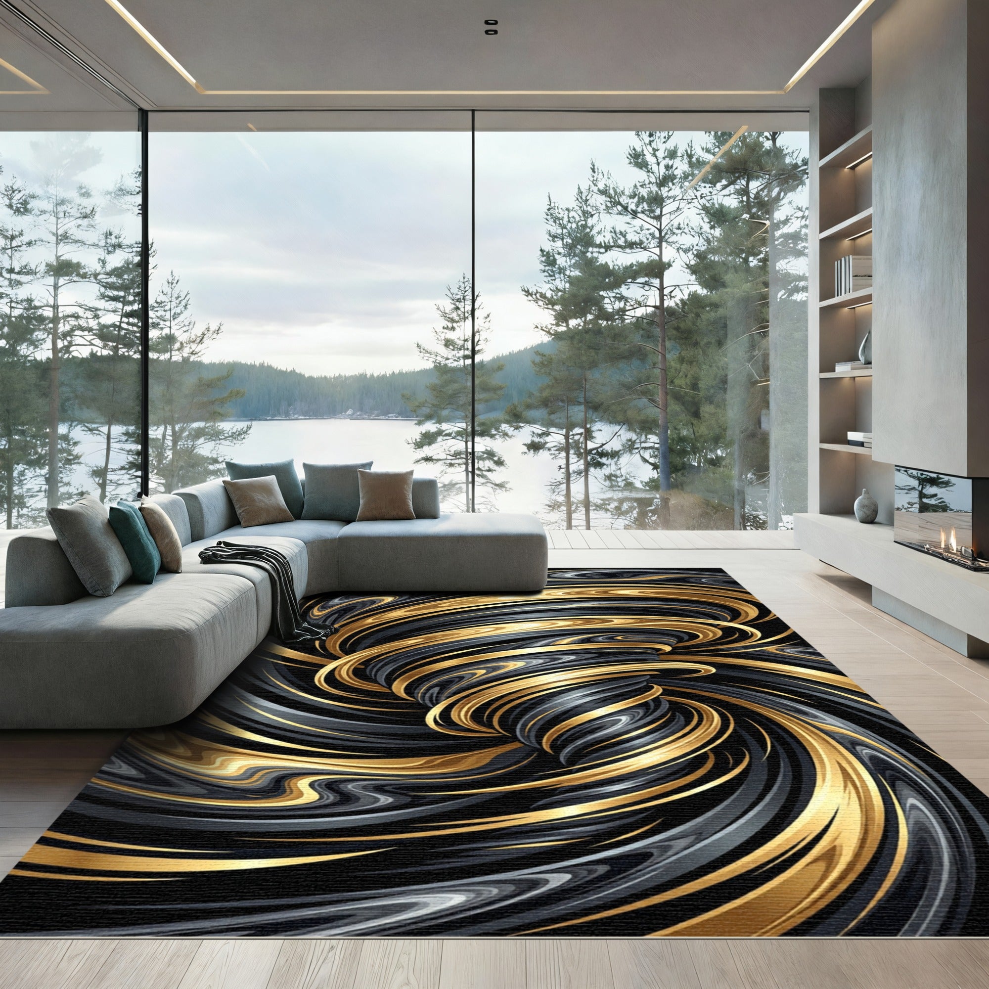 Swirling Golden Black Abstract Vortex Rug