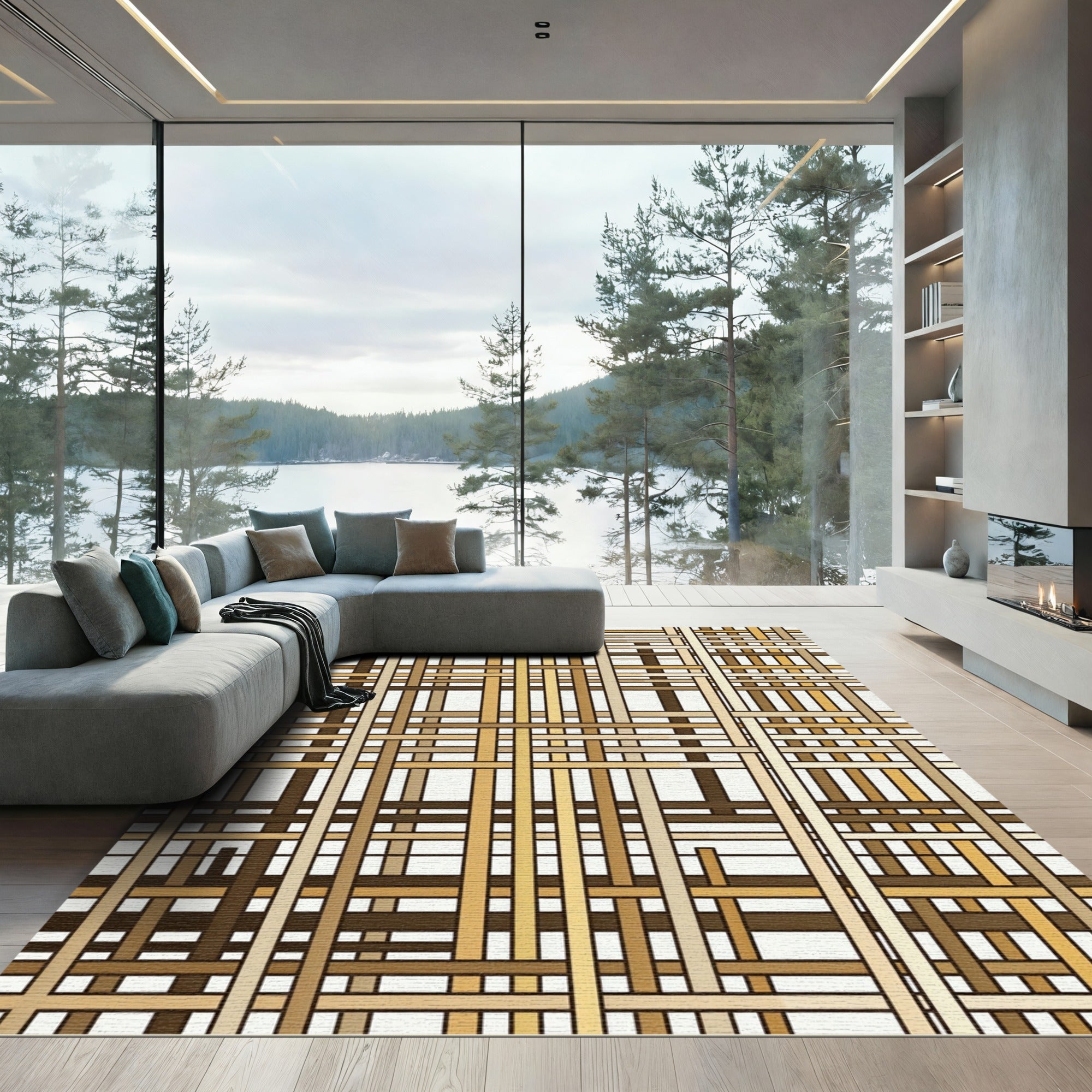 Modern Earthy Woven Grid Woven Lines Rug