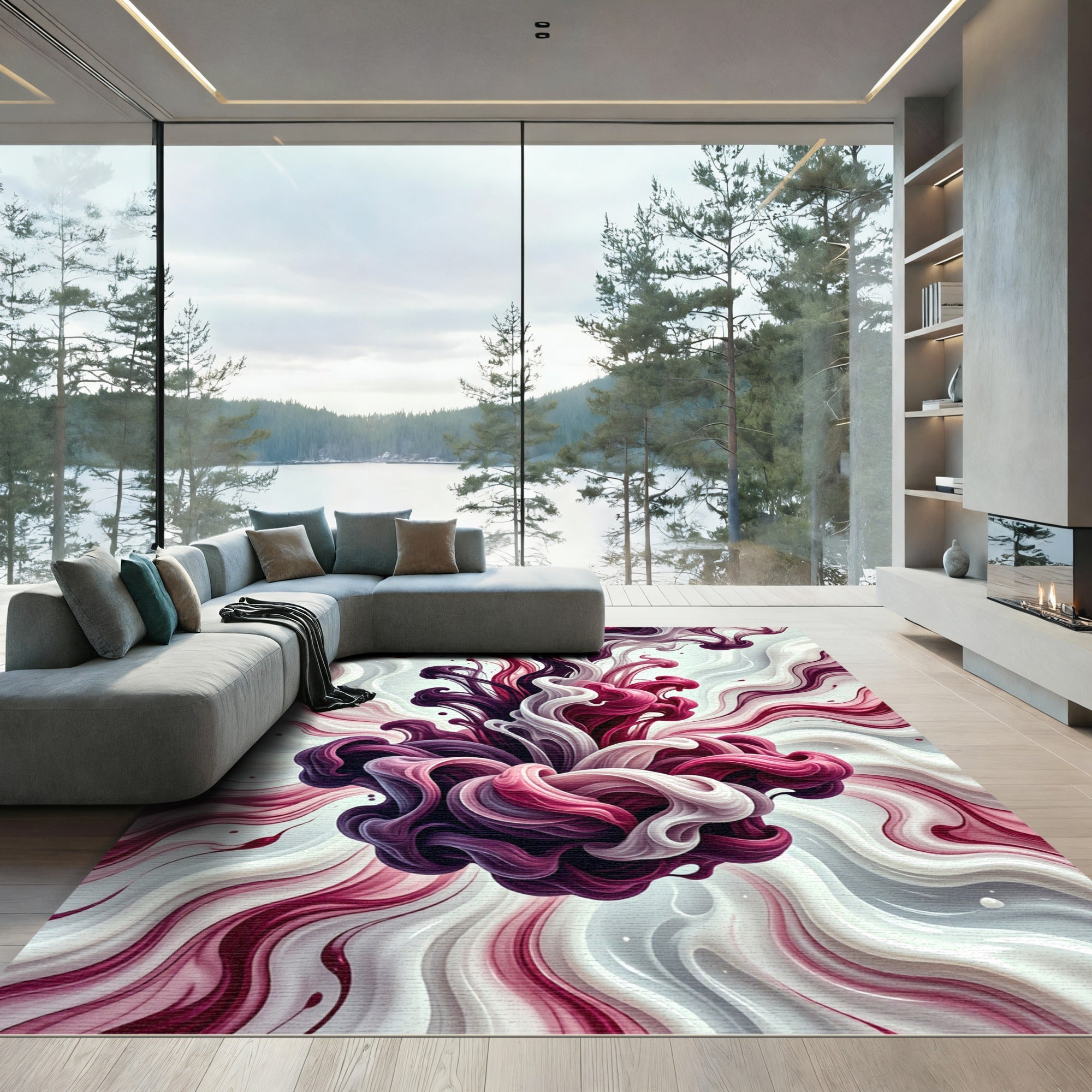 Crimson Plum Swirl Abstract Rug
