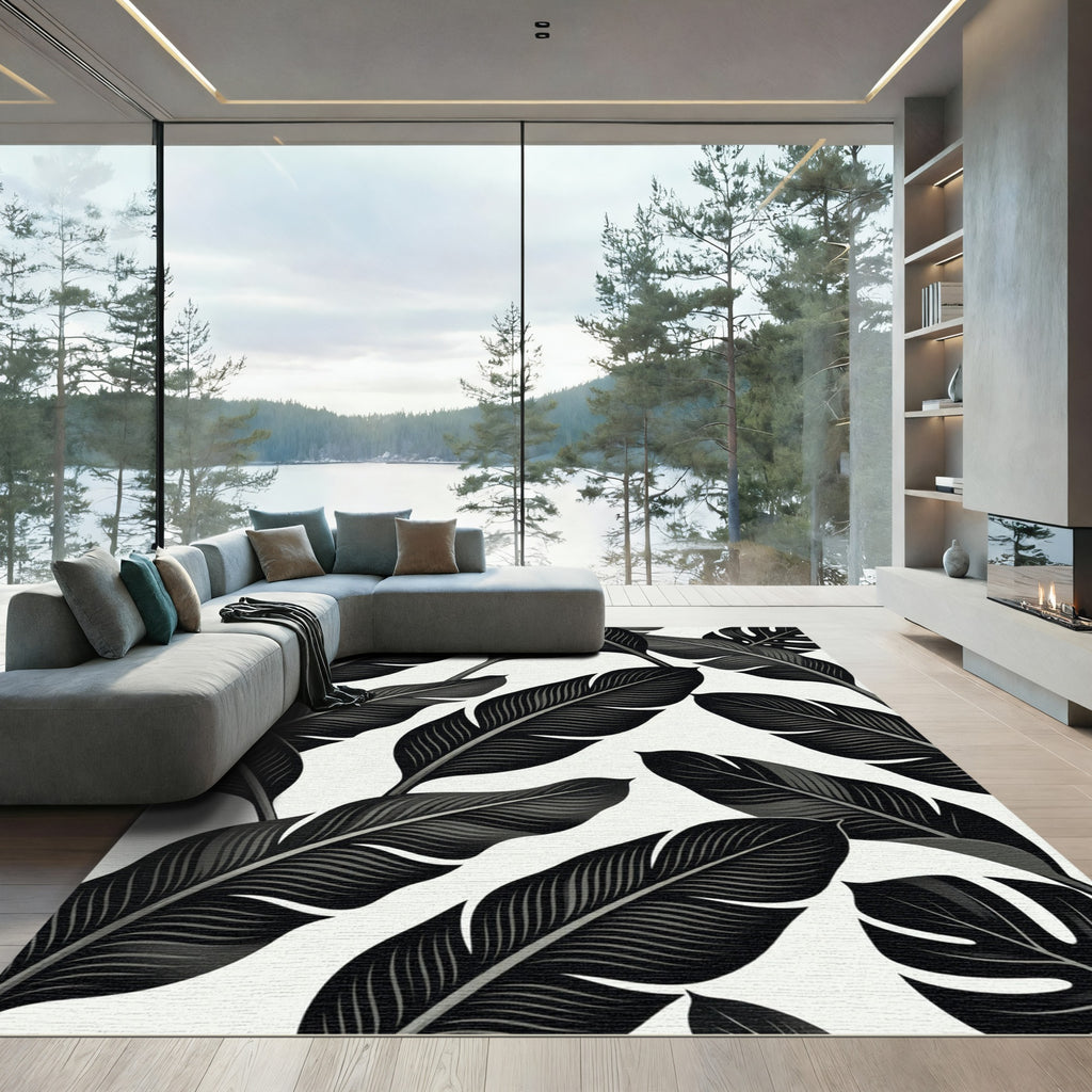 Monochrome Tropical Leaf Overlay Rug