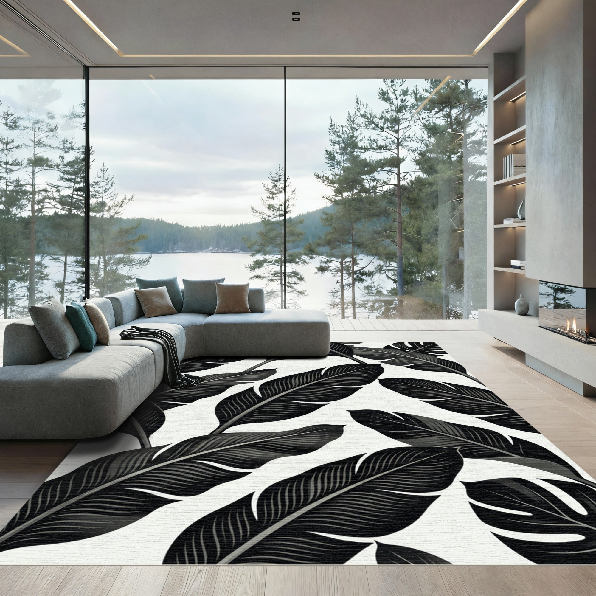Monochrome Tropical Leaf Overlay Rug