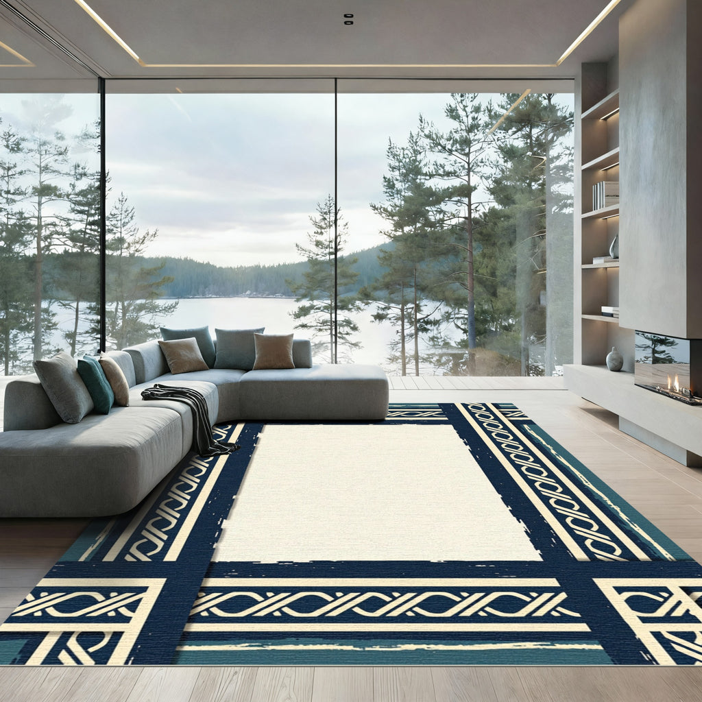 Dark Blue Ivory Celtic Border Rug