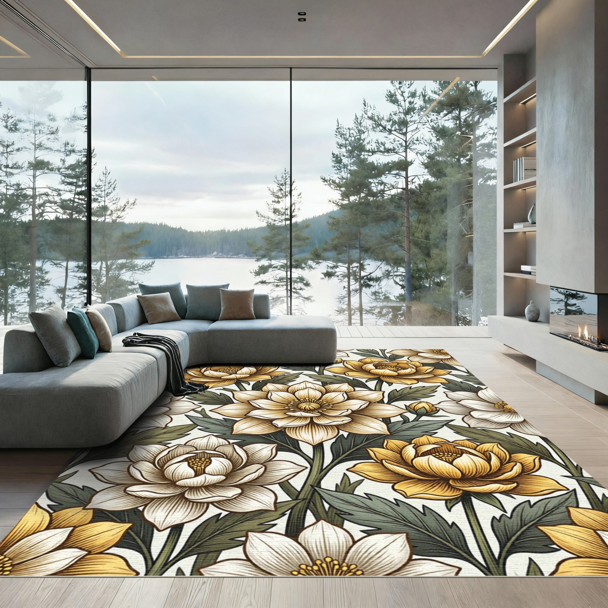 Golden Primrose Botanical Floral Cream Rug
