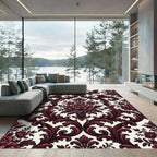 Dark Crimson Floral Damask Scroll Rug