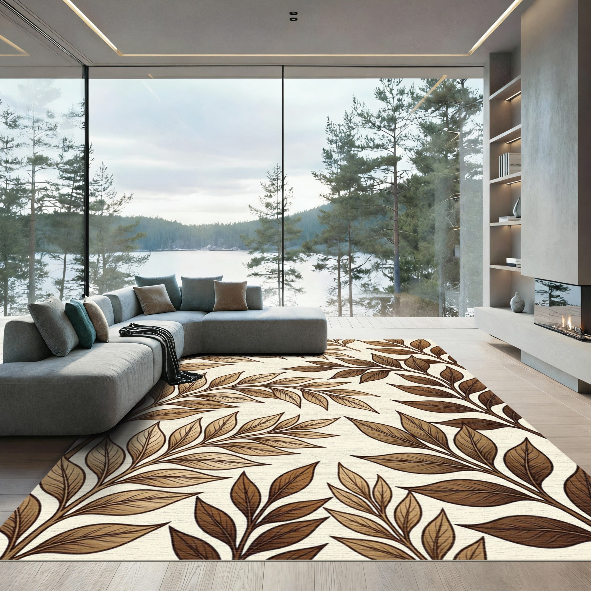 Brown Leafy Branches On Cream Background Rug