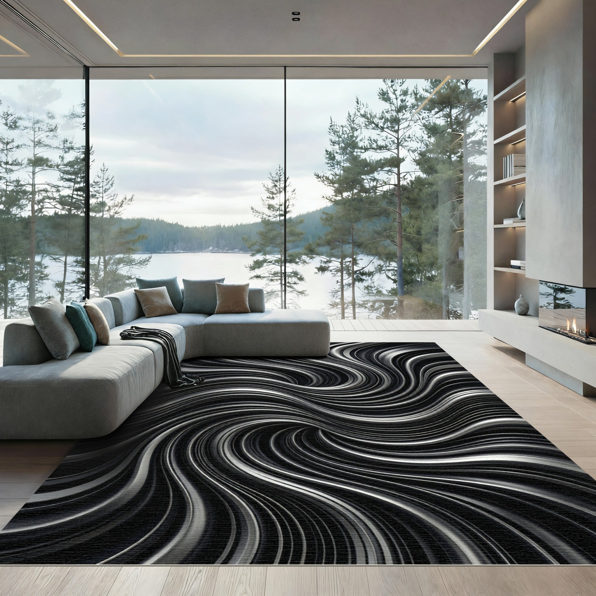Monochrome Swirl Abstract Ripples Rug