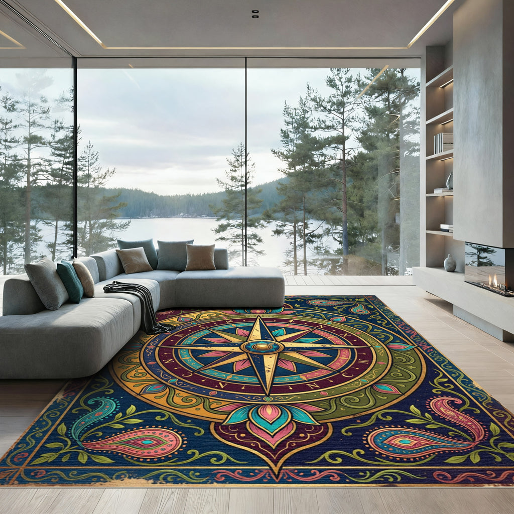 Opulent Jewel Tone Compass Lotus Mandala Rug
