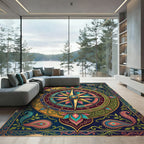 Opulent Jewel Tone Compass Lotus Mandala Rug