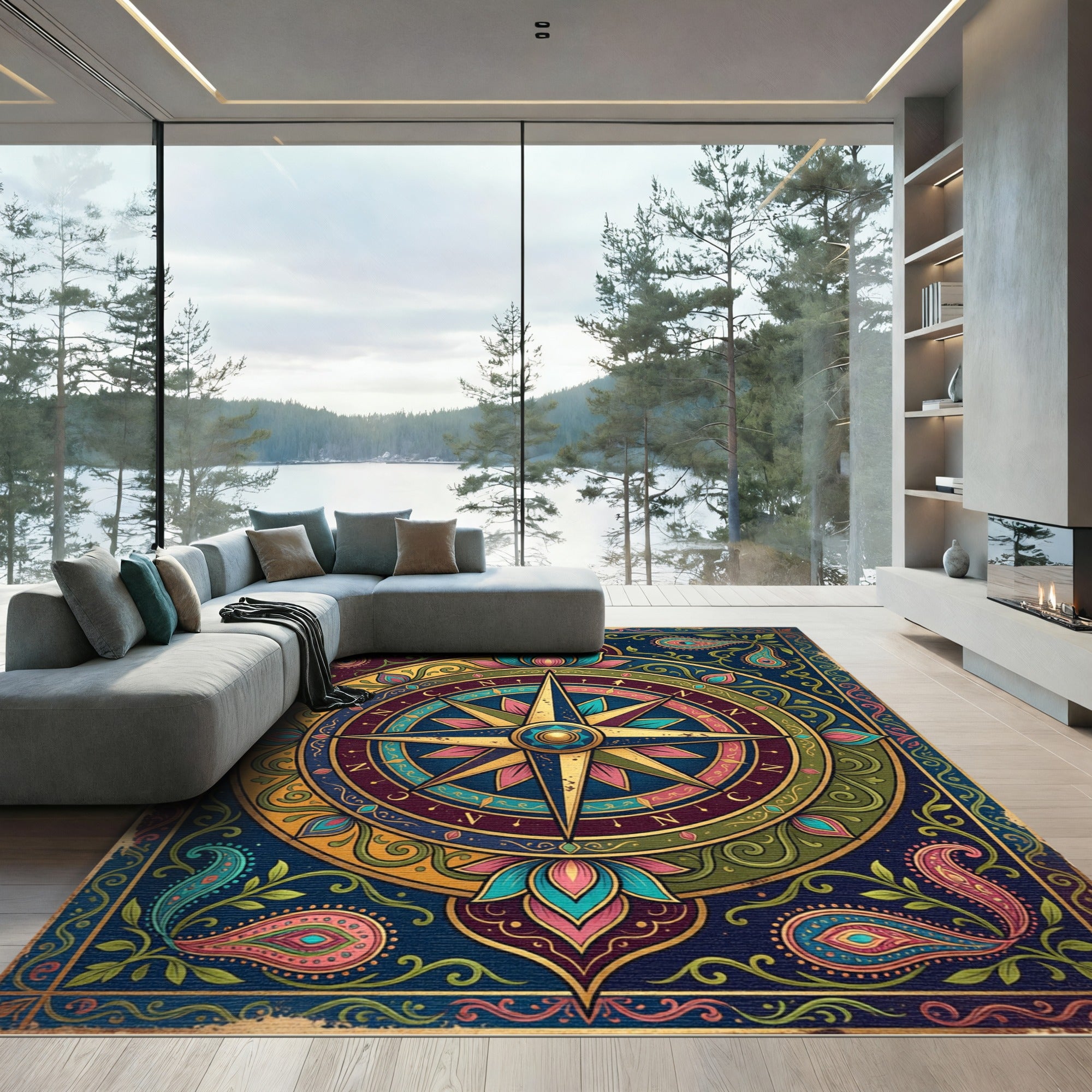Opulent Jewel Tone Compass Lotus Mandala Rug