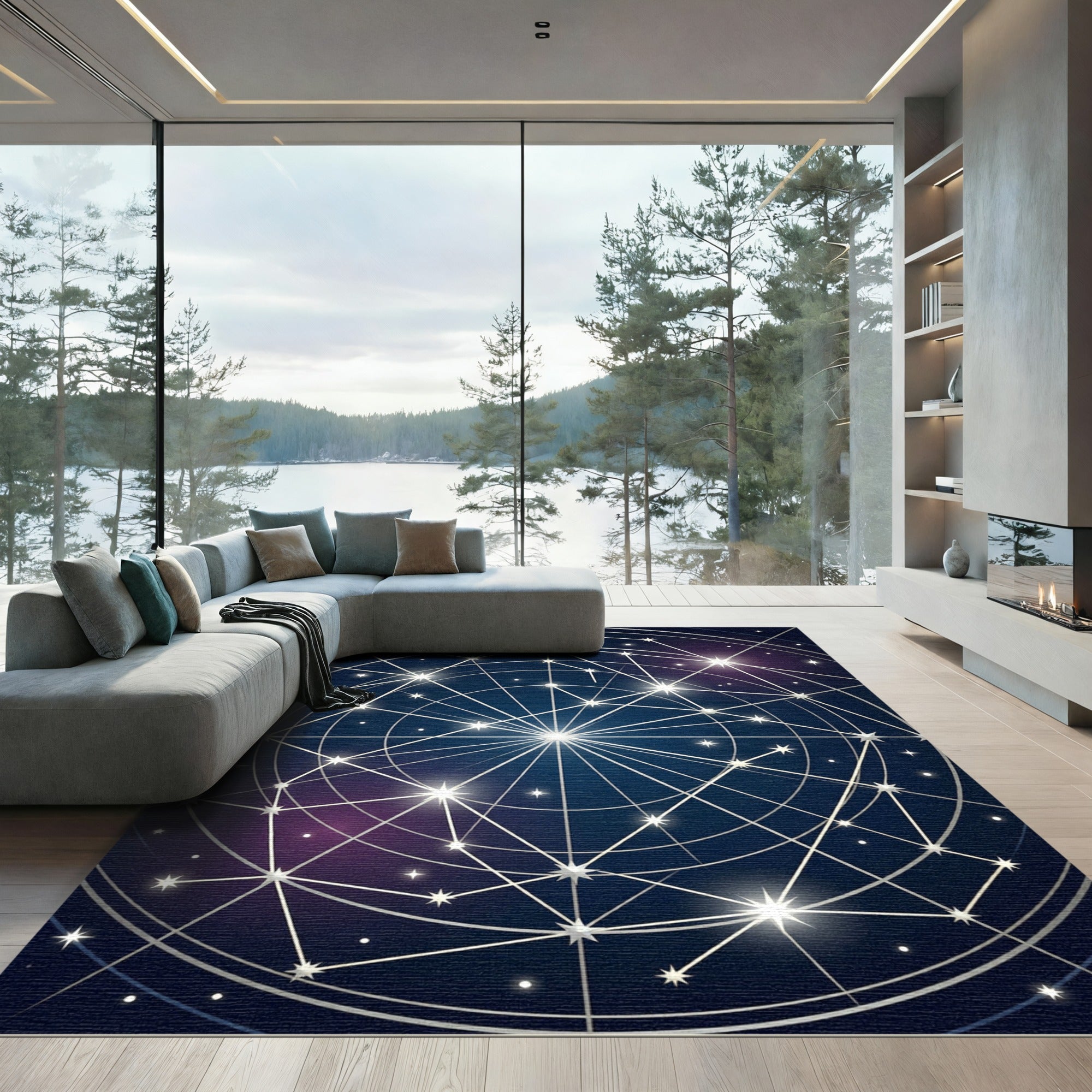Celestial Navy Blue Constellation Geometric Rug
