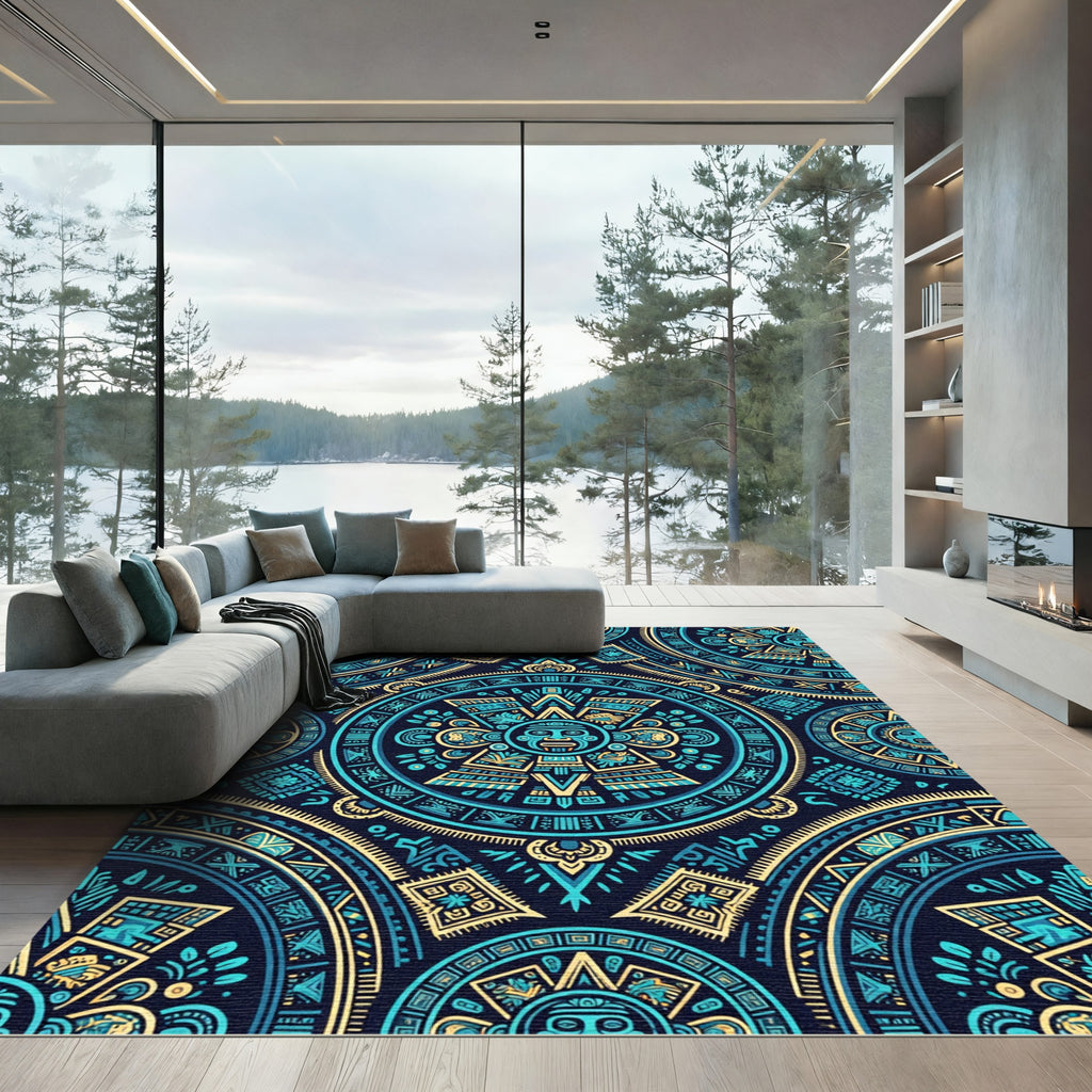 Aztec Teal Gold Sun Medallion Rug