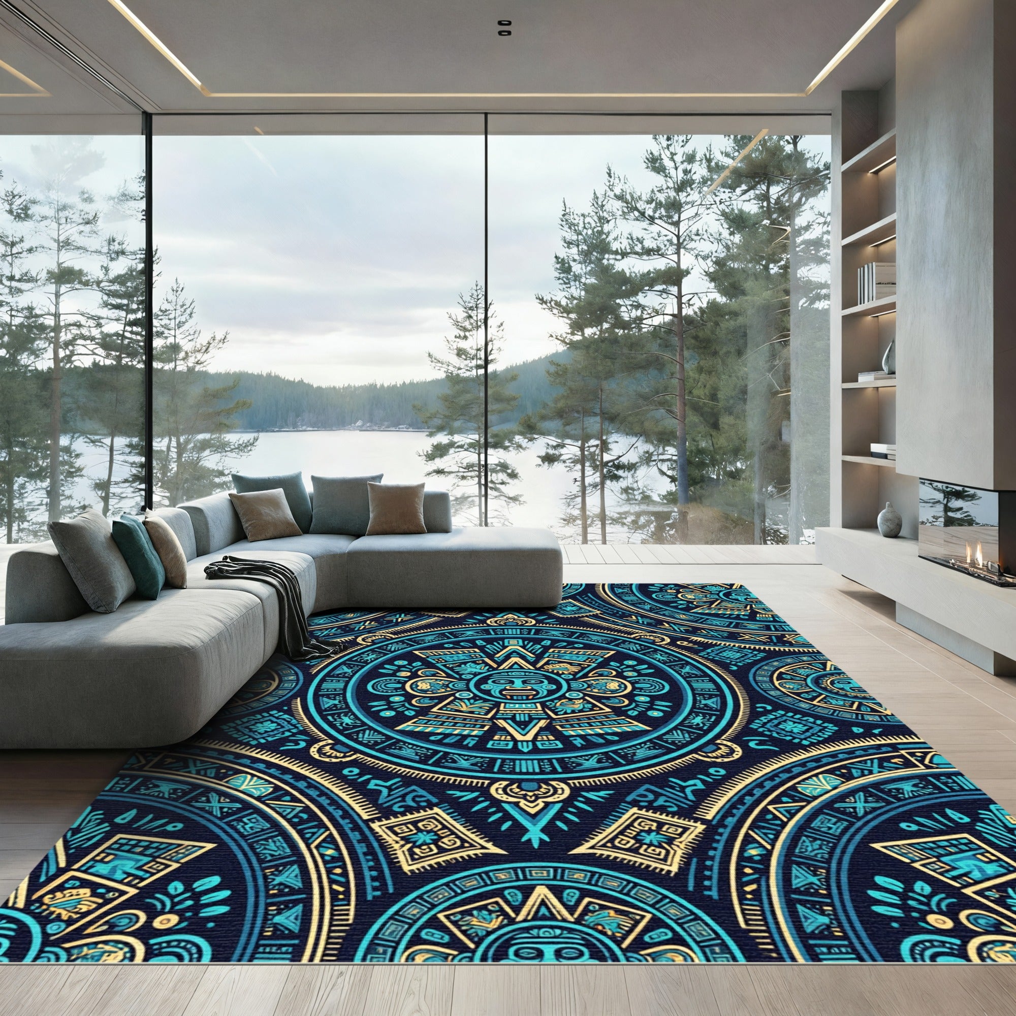 Aztec Teal Gold Sun Medallion Rug