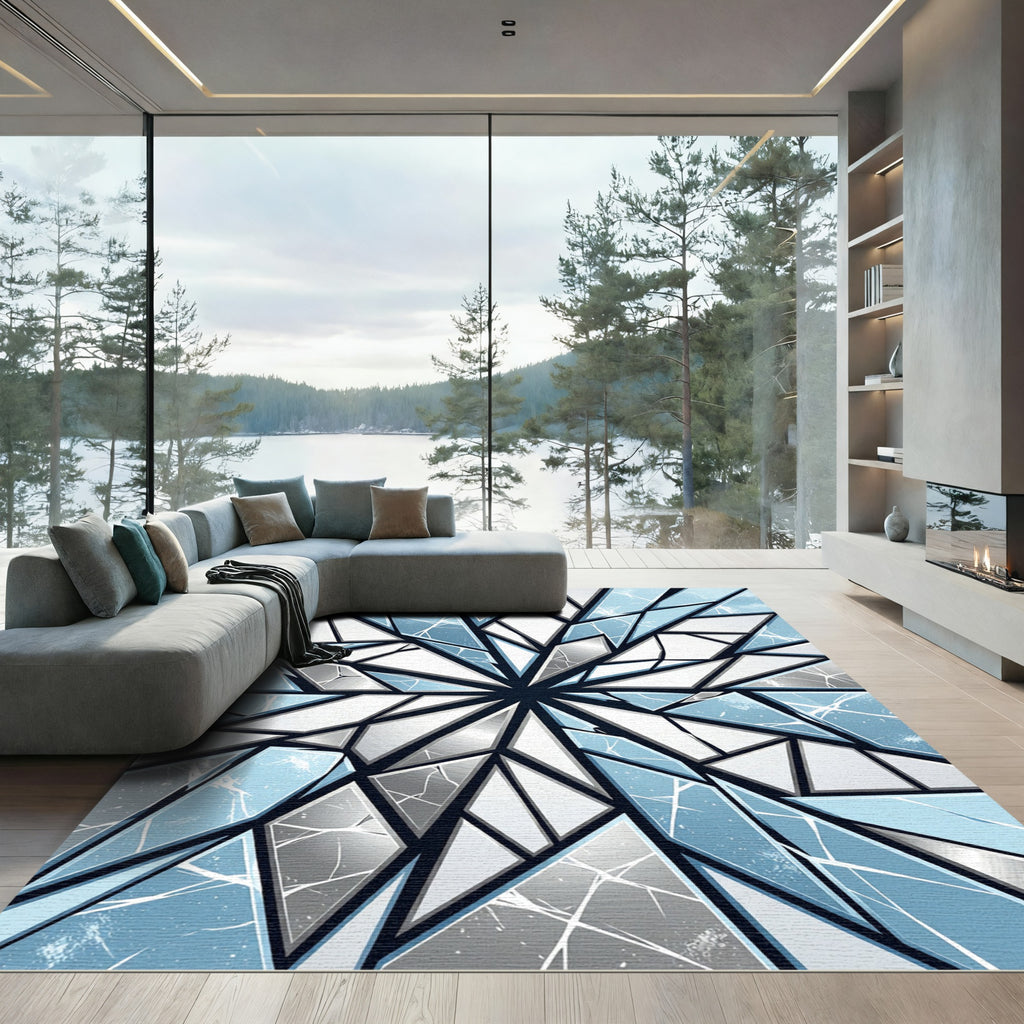 Ice Blue Geometric Shattered Crystal Rug
