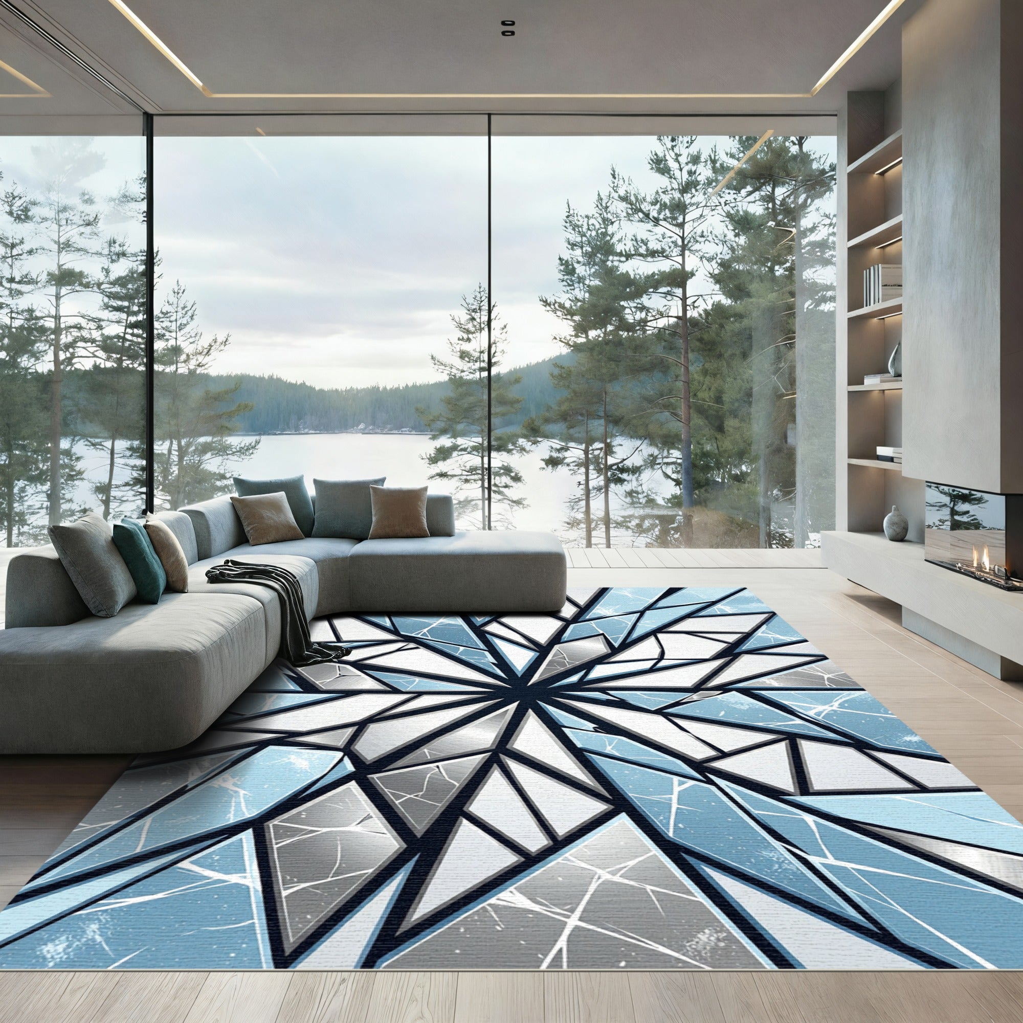 Ice Blue Geometric Shattered Crystal Rug