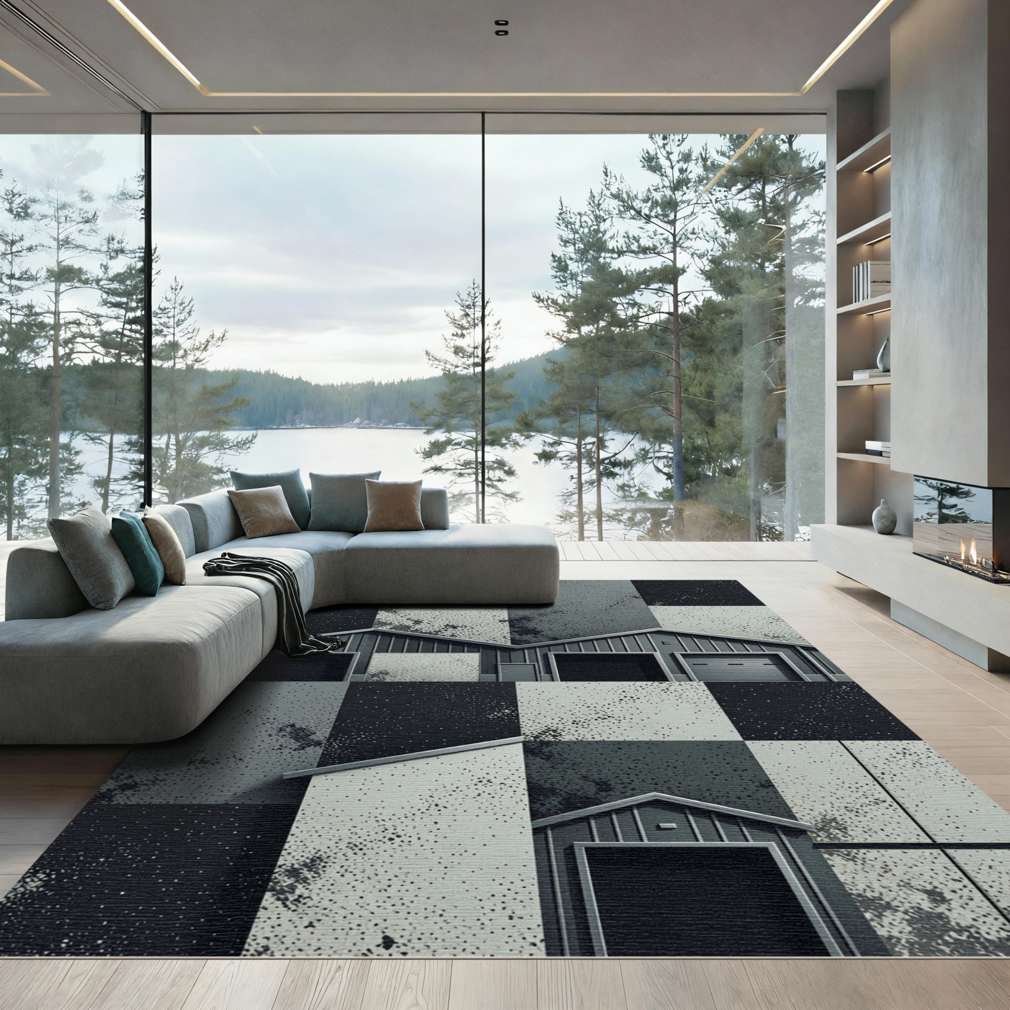Monochromatic Industrial Warehouse Geometric Grid Rug