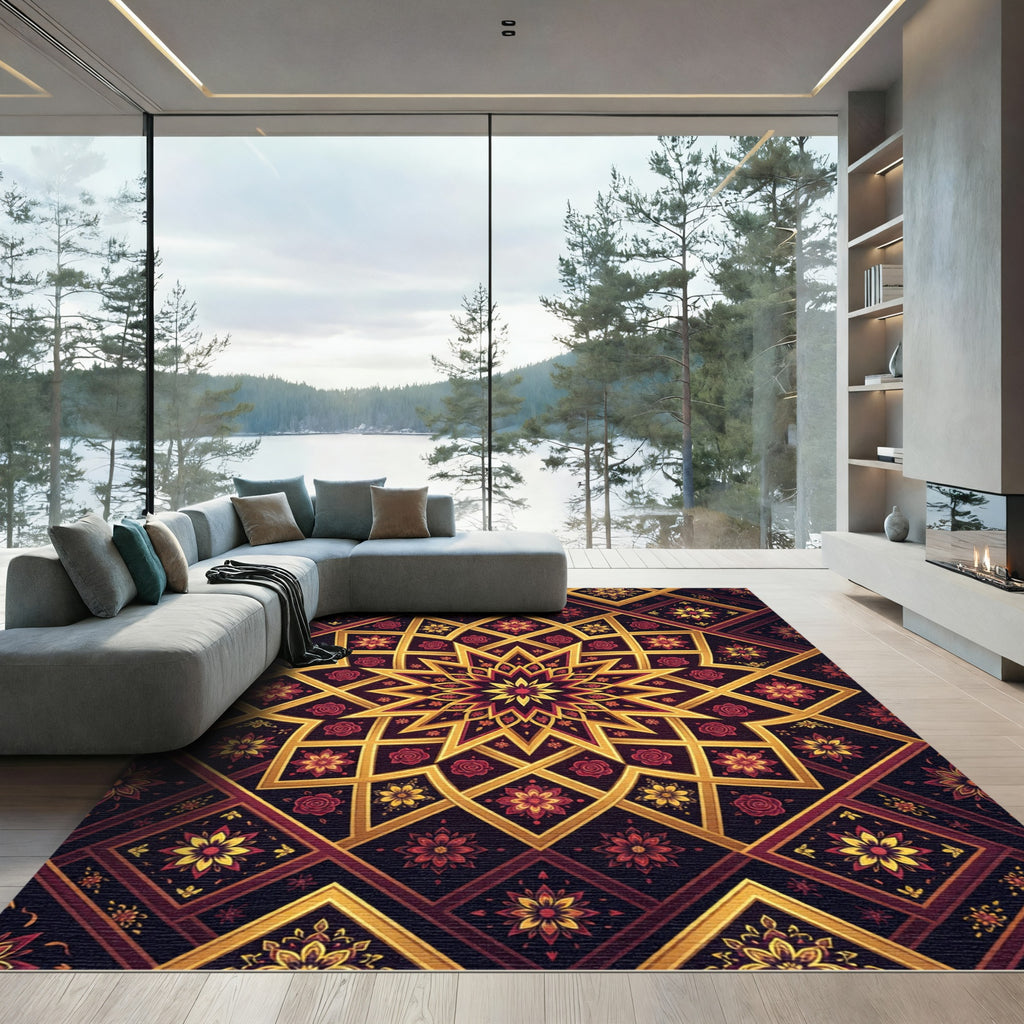 Ornate Gold Floral Star Medallion Rug