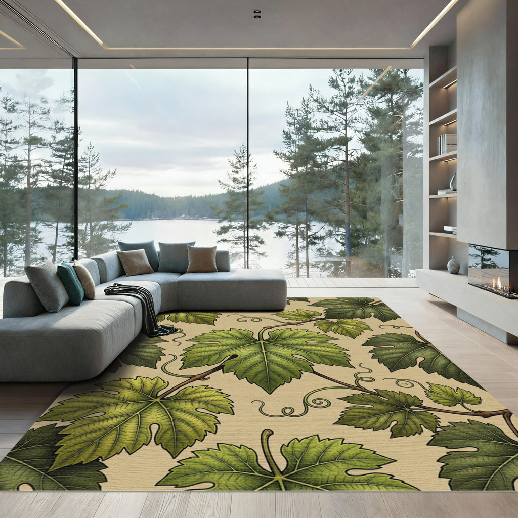Lush Green Botanical Grape Vine Art Rug