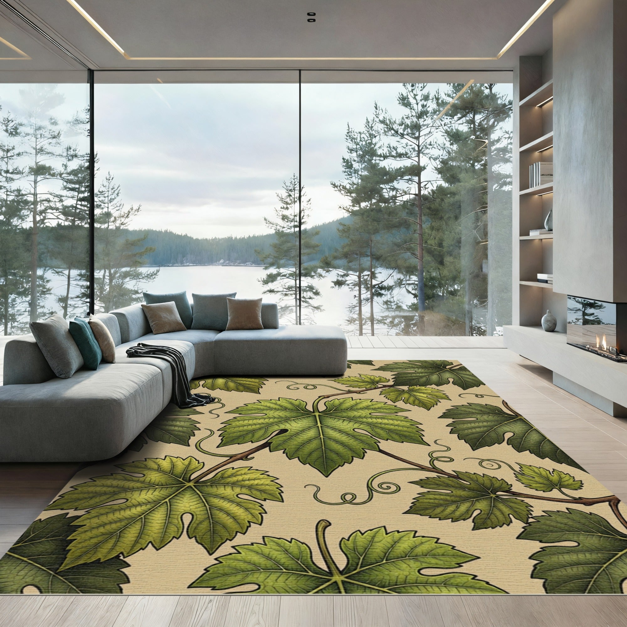 Lush Green Botanical Grape Vine Art Rug