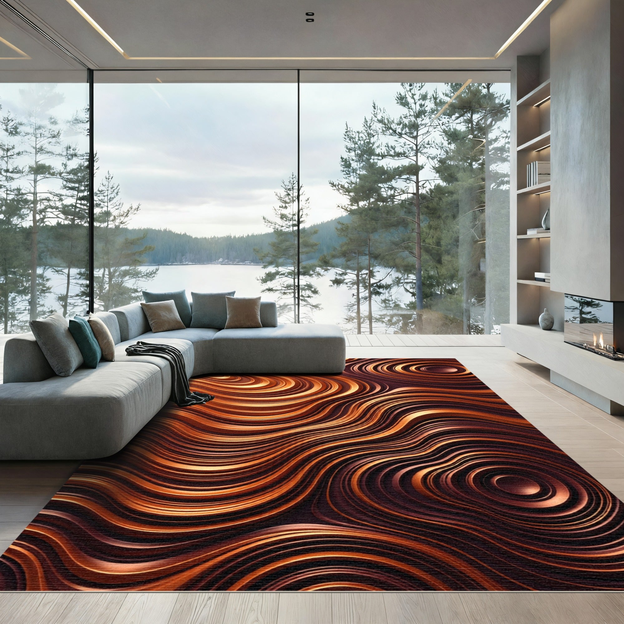 Copper Brown Swirling Curves Rug