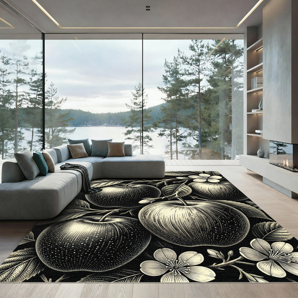 Monochrome Apple Orchard Botanical Illustration Rug