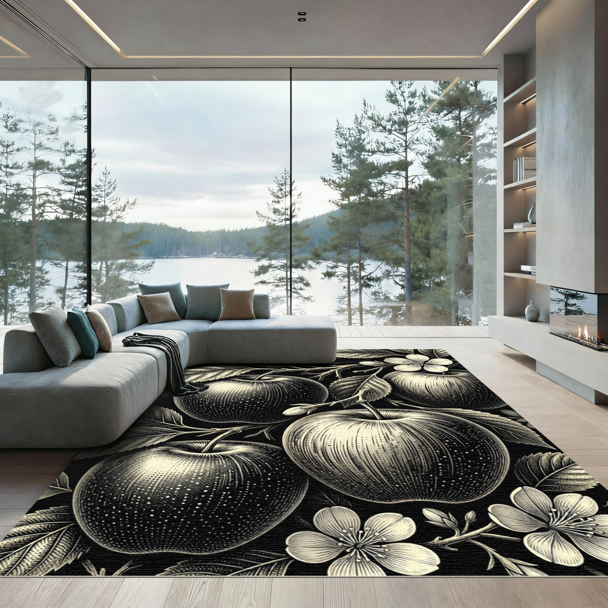 Monochrome Apple Orchard Botanical Illustration Rug