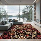 Rich Red Gold Floral Scrollwork Arrangement Rug