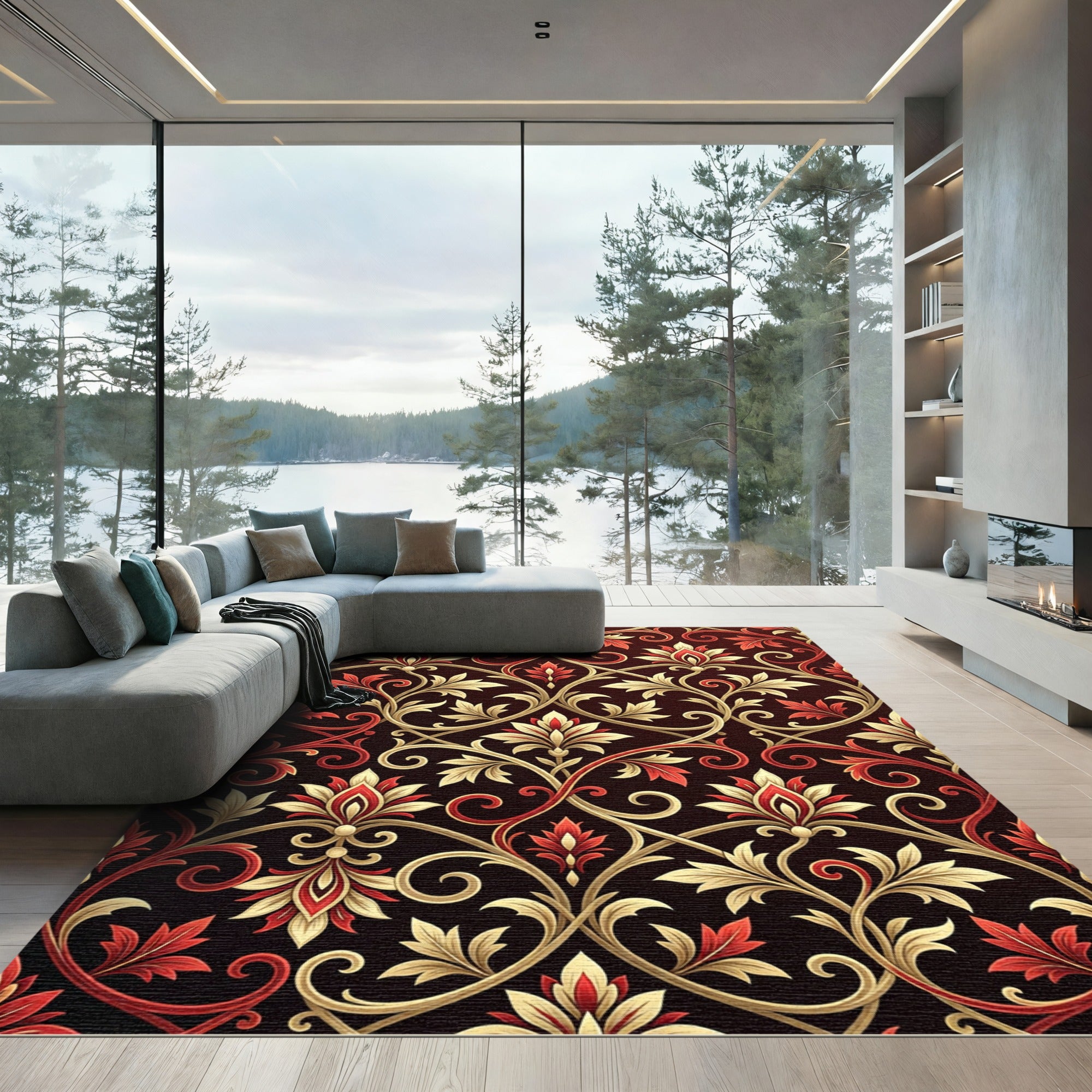 Rich Red Gold Floral Scrollwork Arrangement Rug