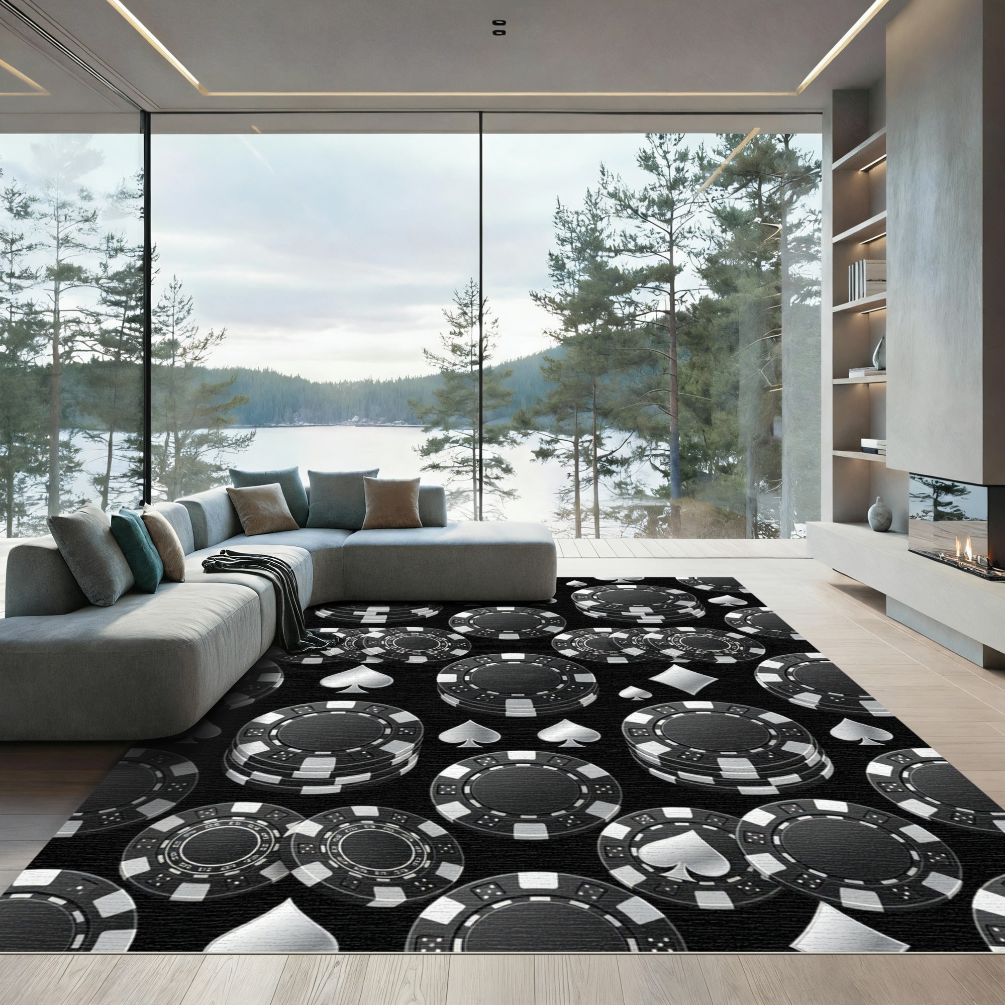 Monochrome Casino Chip Playing Card Suit Rug