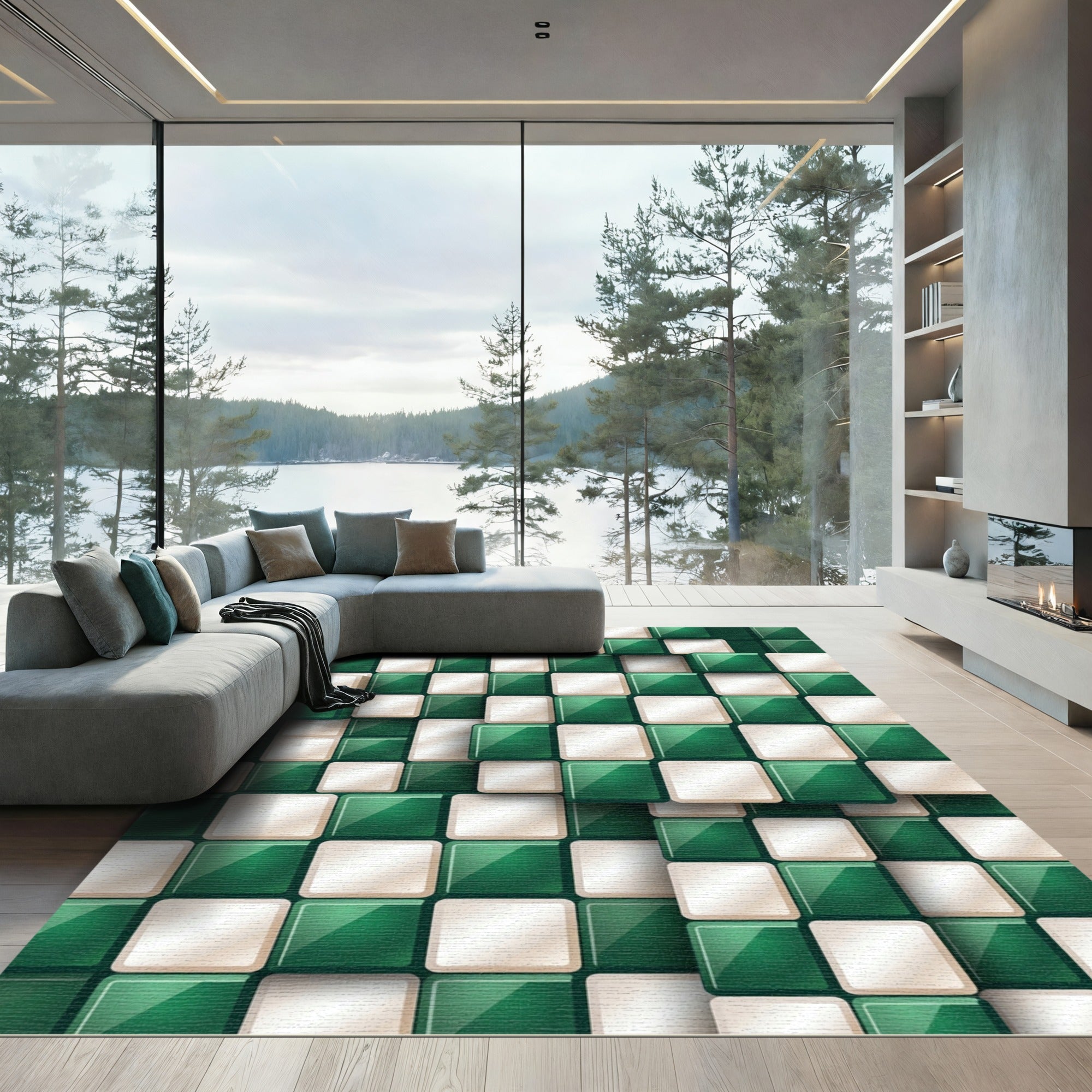 Green White Checkered 3D Squares Harmony Rug