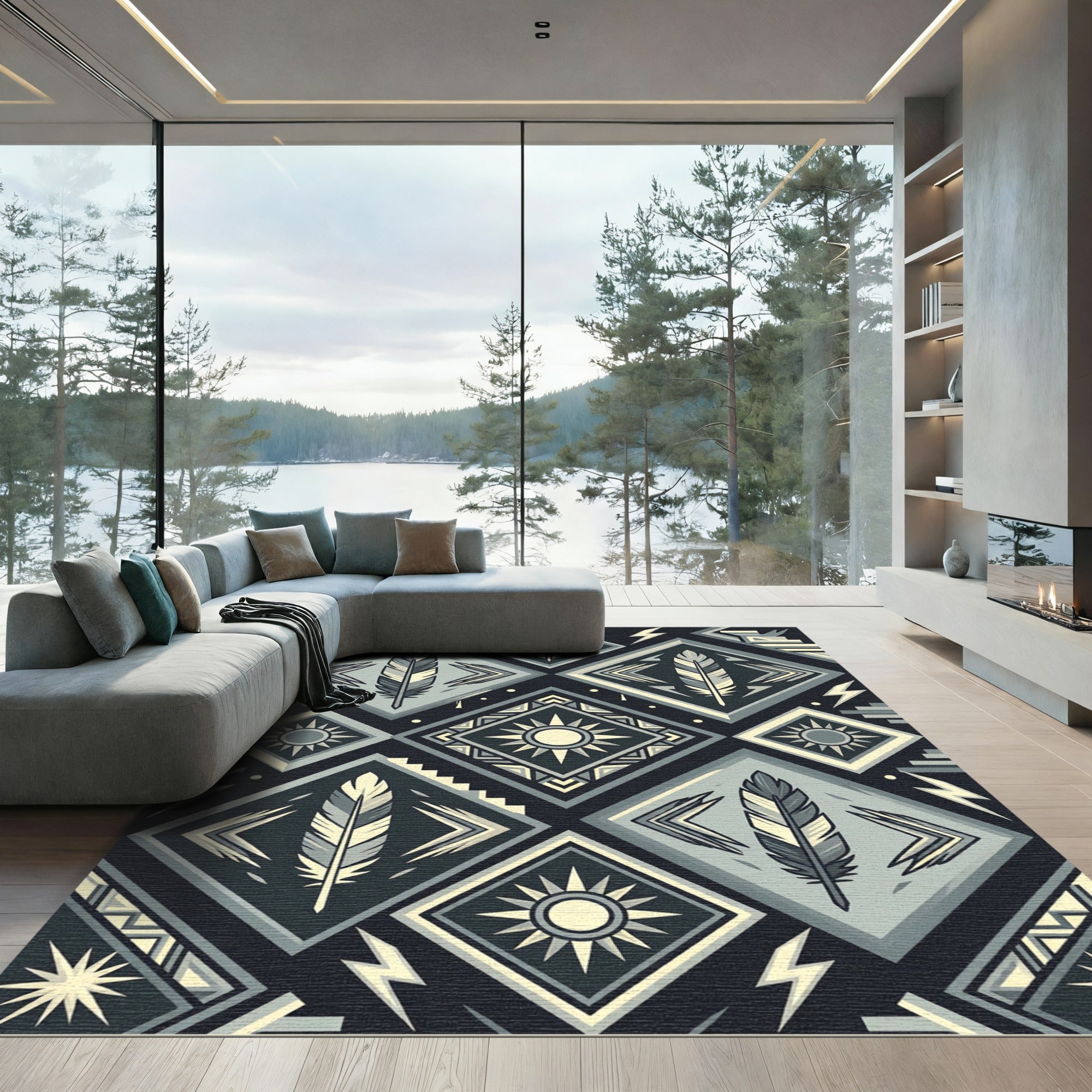 Geometric Feather Sun Monochrome Diamond Rug