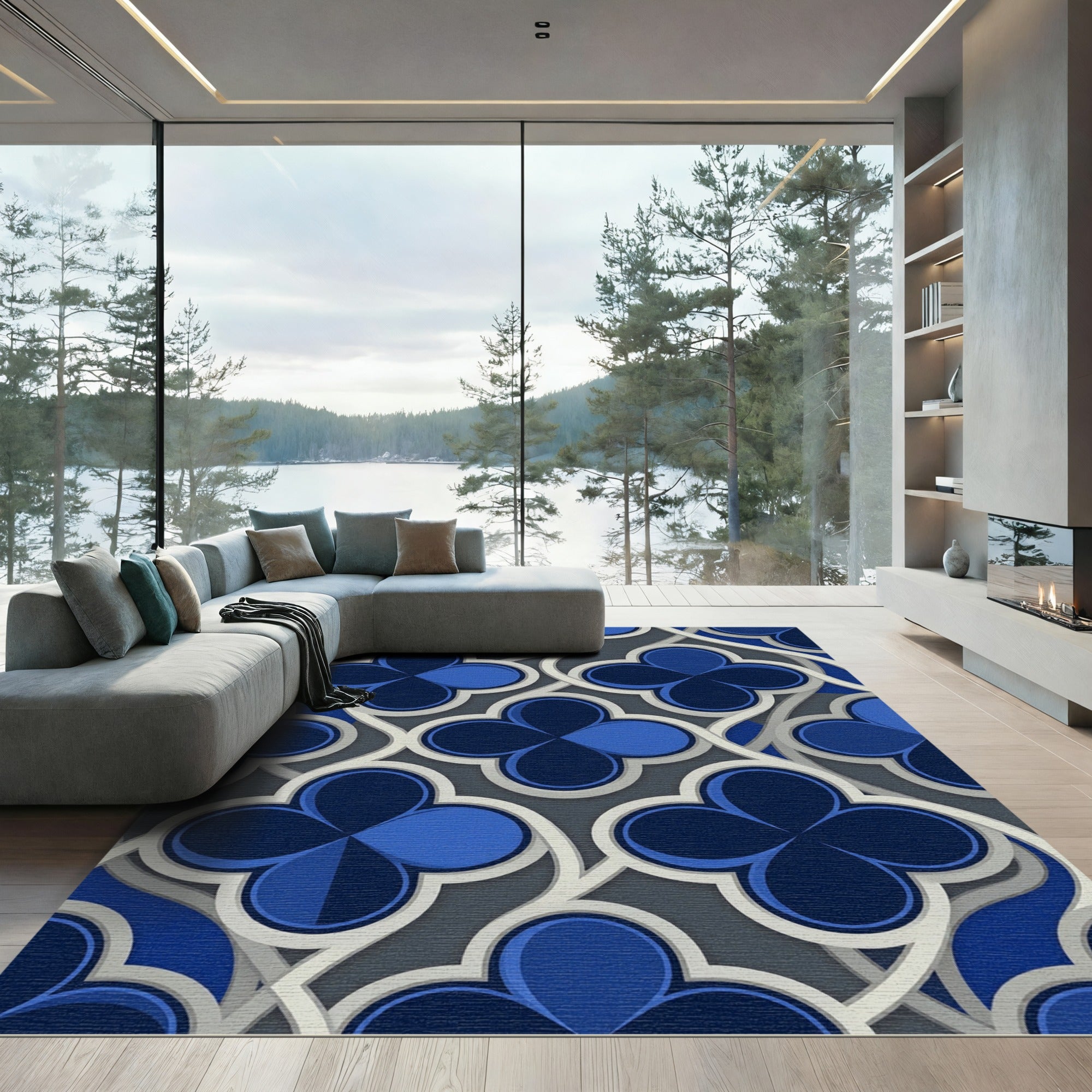 Modern Dark Blue Quatrefoil Geometric Link Rug