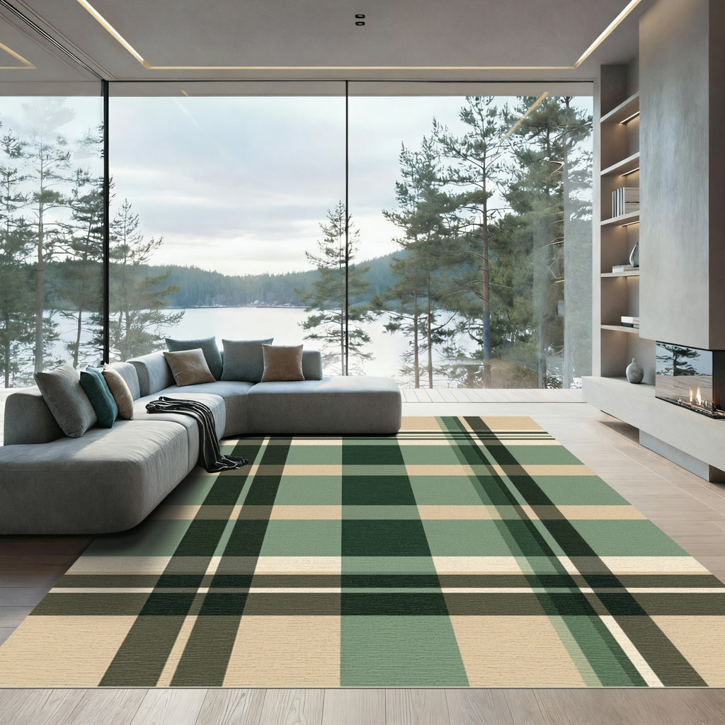 Green Beige Plaid Pattern Rug