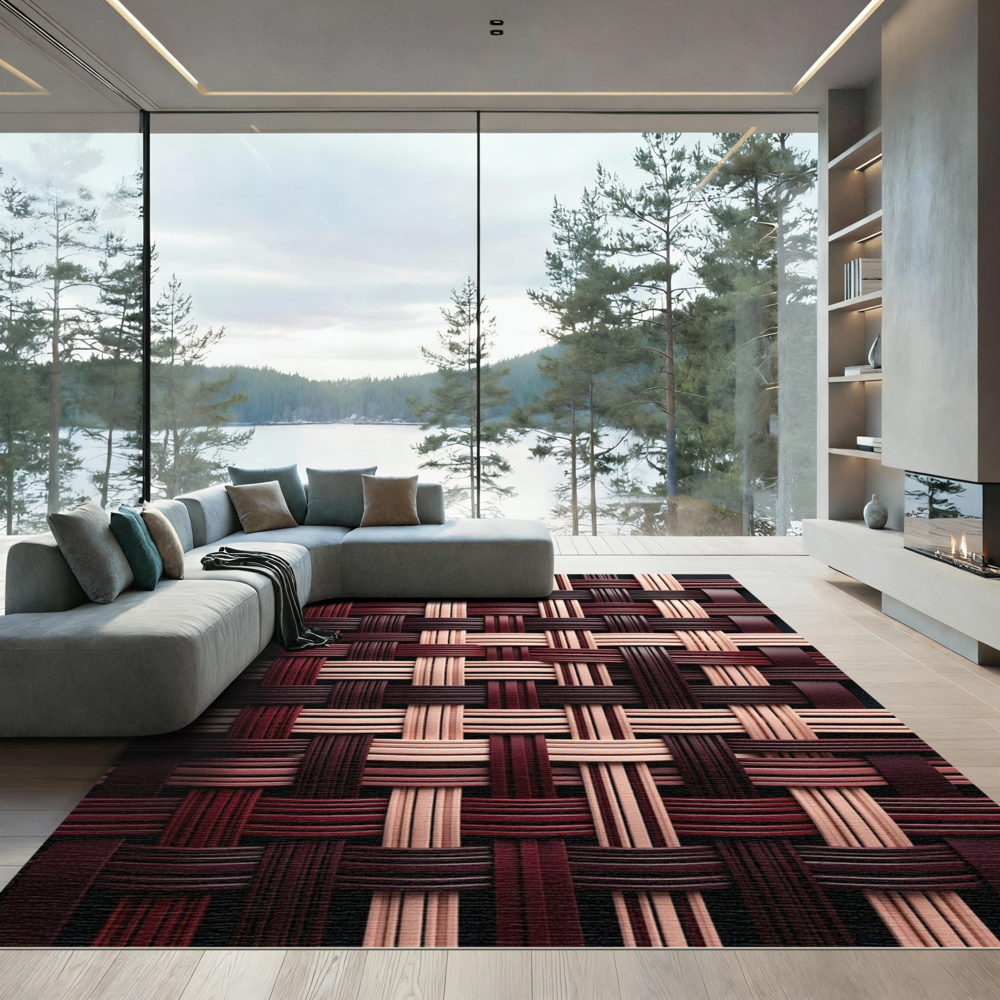 Deep Burgundy Woven Lattice Textile Rug