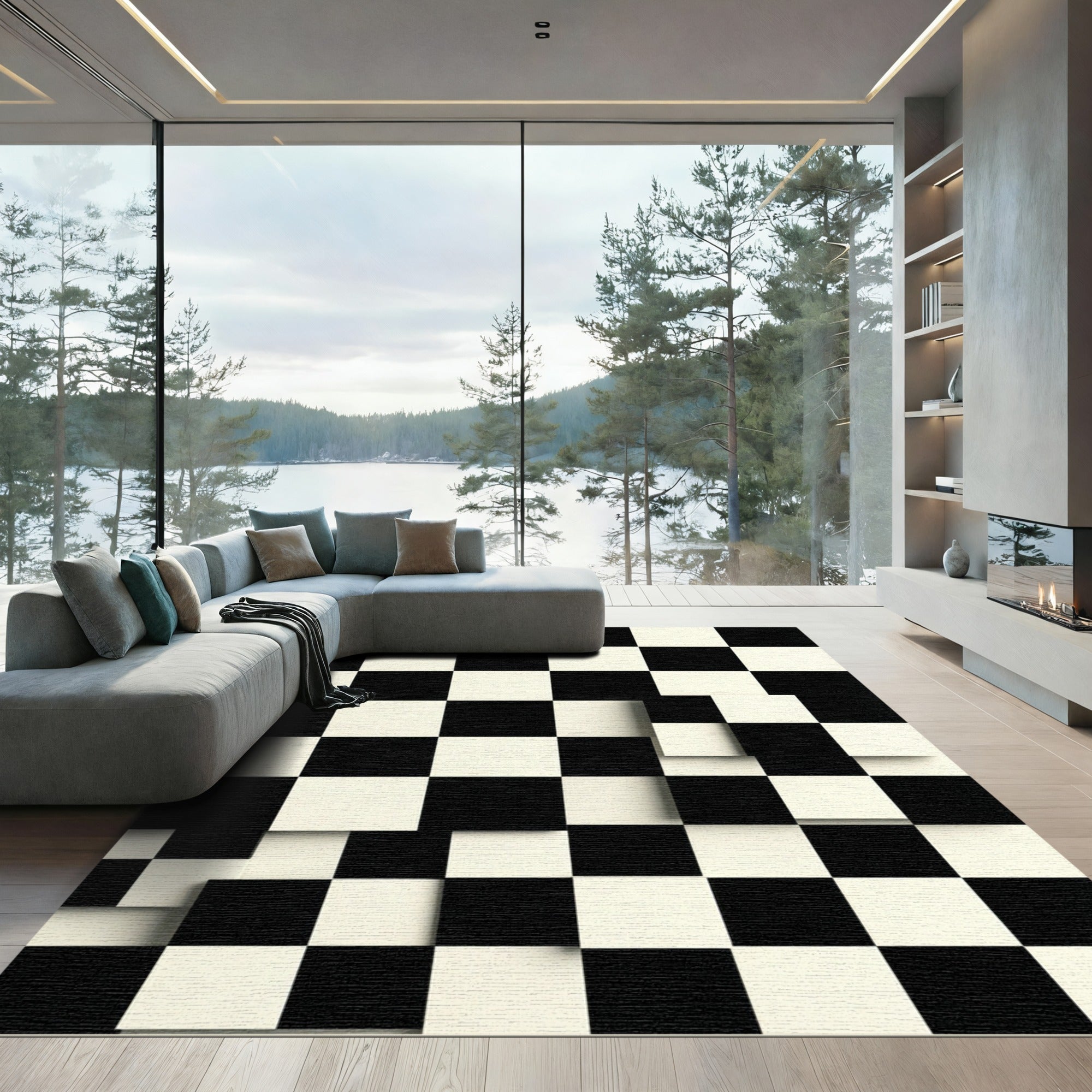 Black White Checkerboard Dimensional Squares Rug