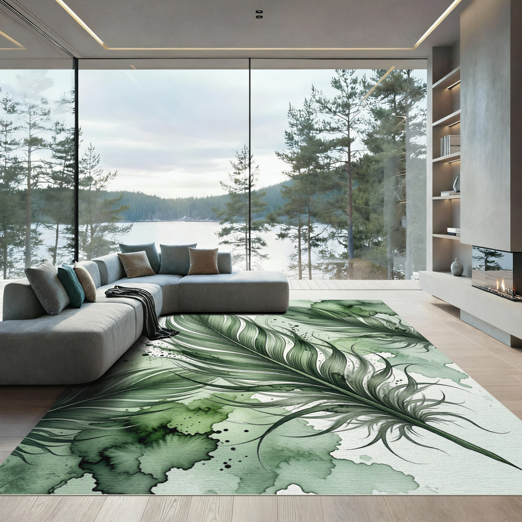 Watercolor Emerald Sage Floating Feathers Rug