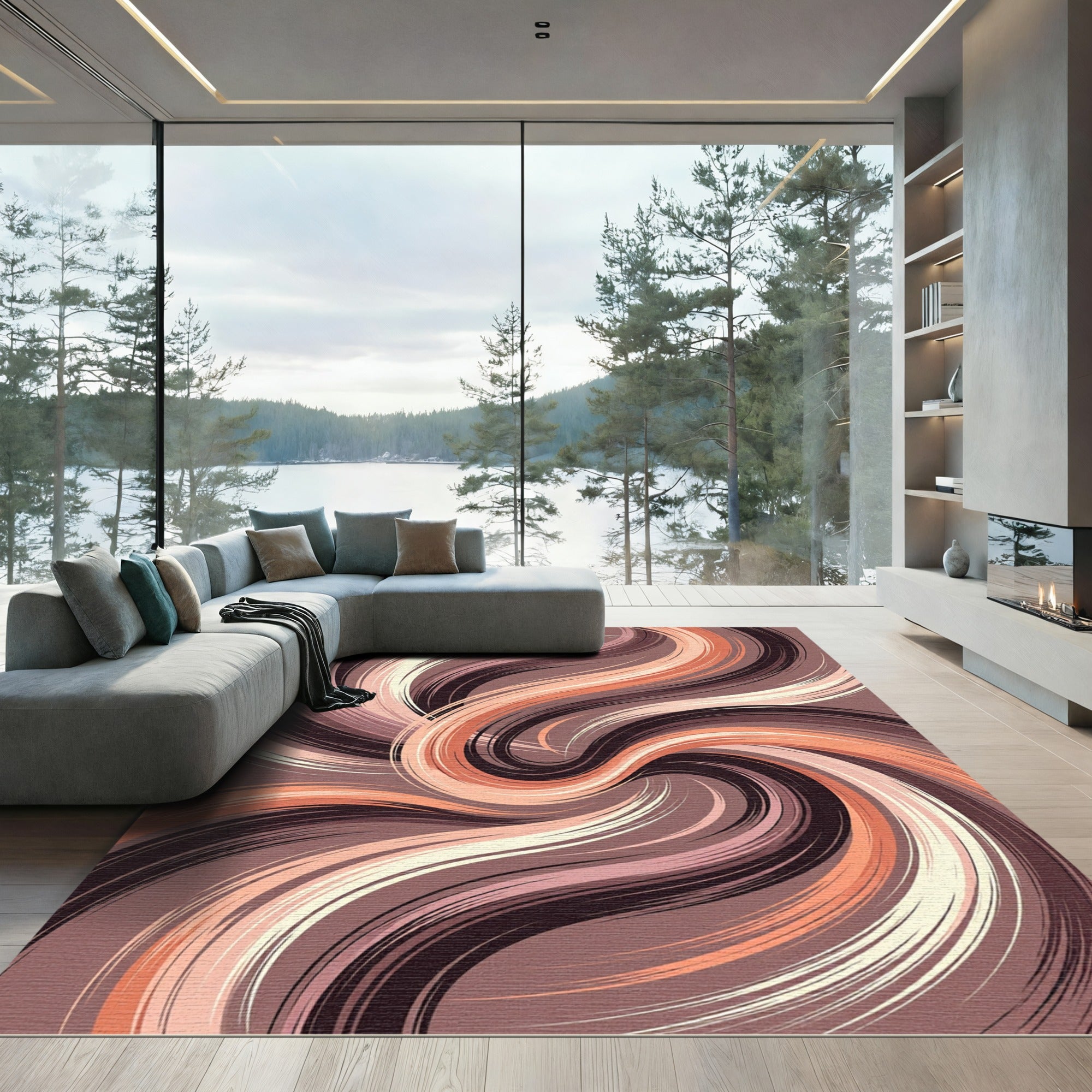 Modern Abstract Swirl Earth Tone Rug