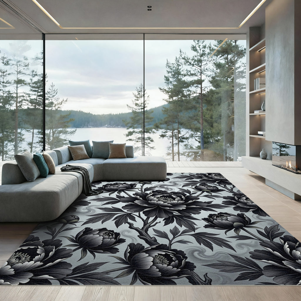 Monochromatic Floral Peony Botanical Art Rug