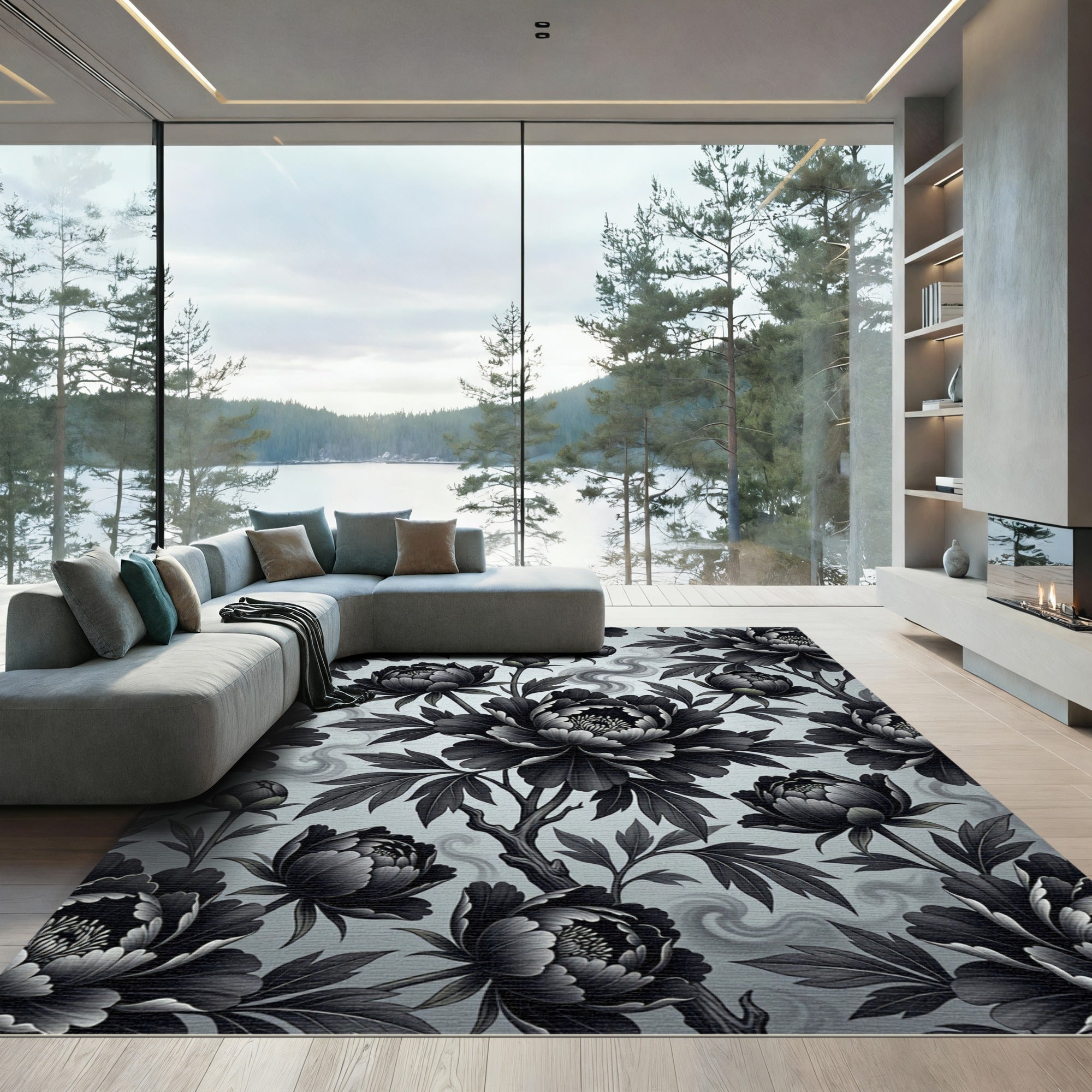 Monochromatic Floral Peony Botanical Art Rug