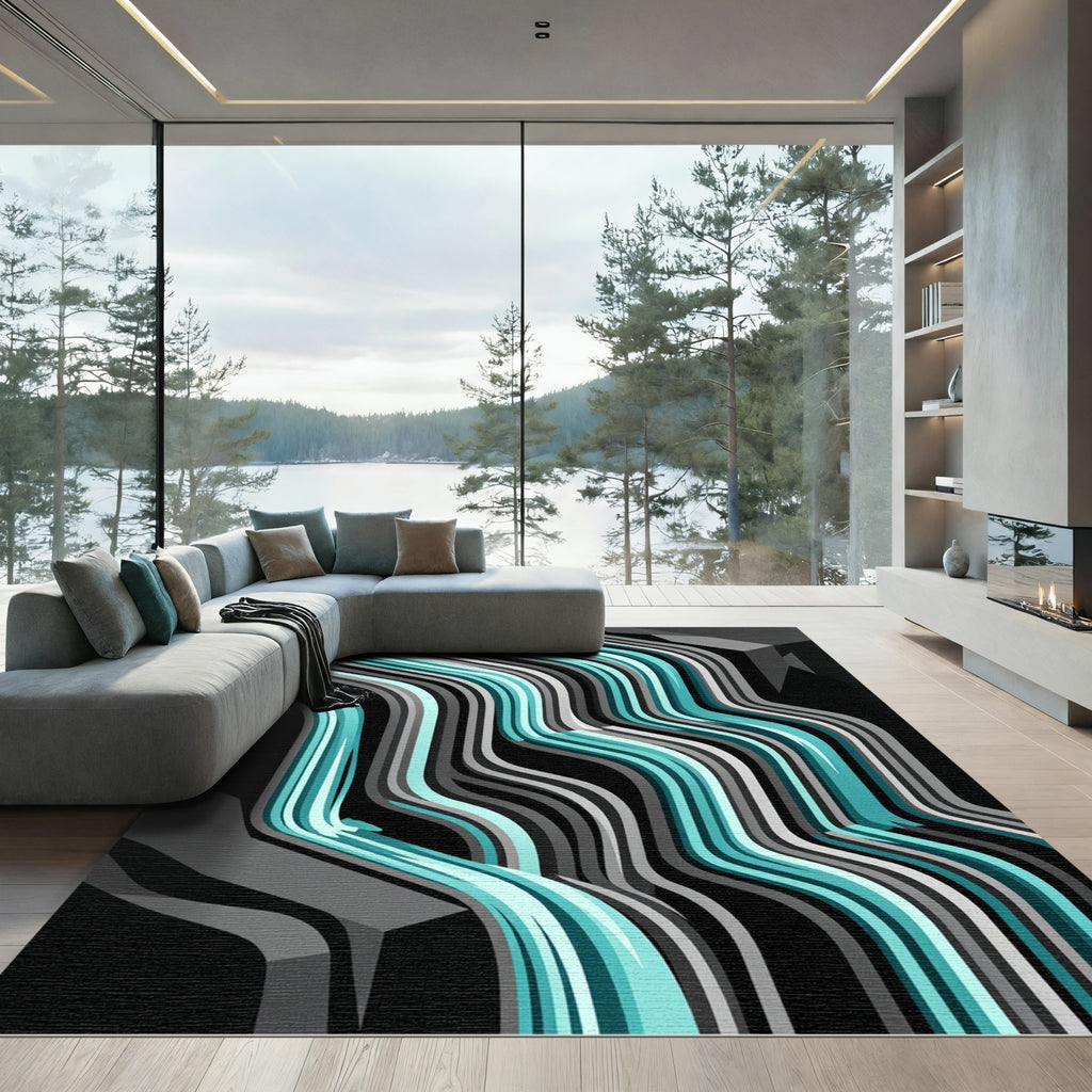 Abstract Teal and Gray Cascading Waterfall Rug