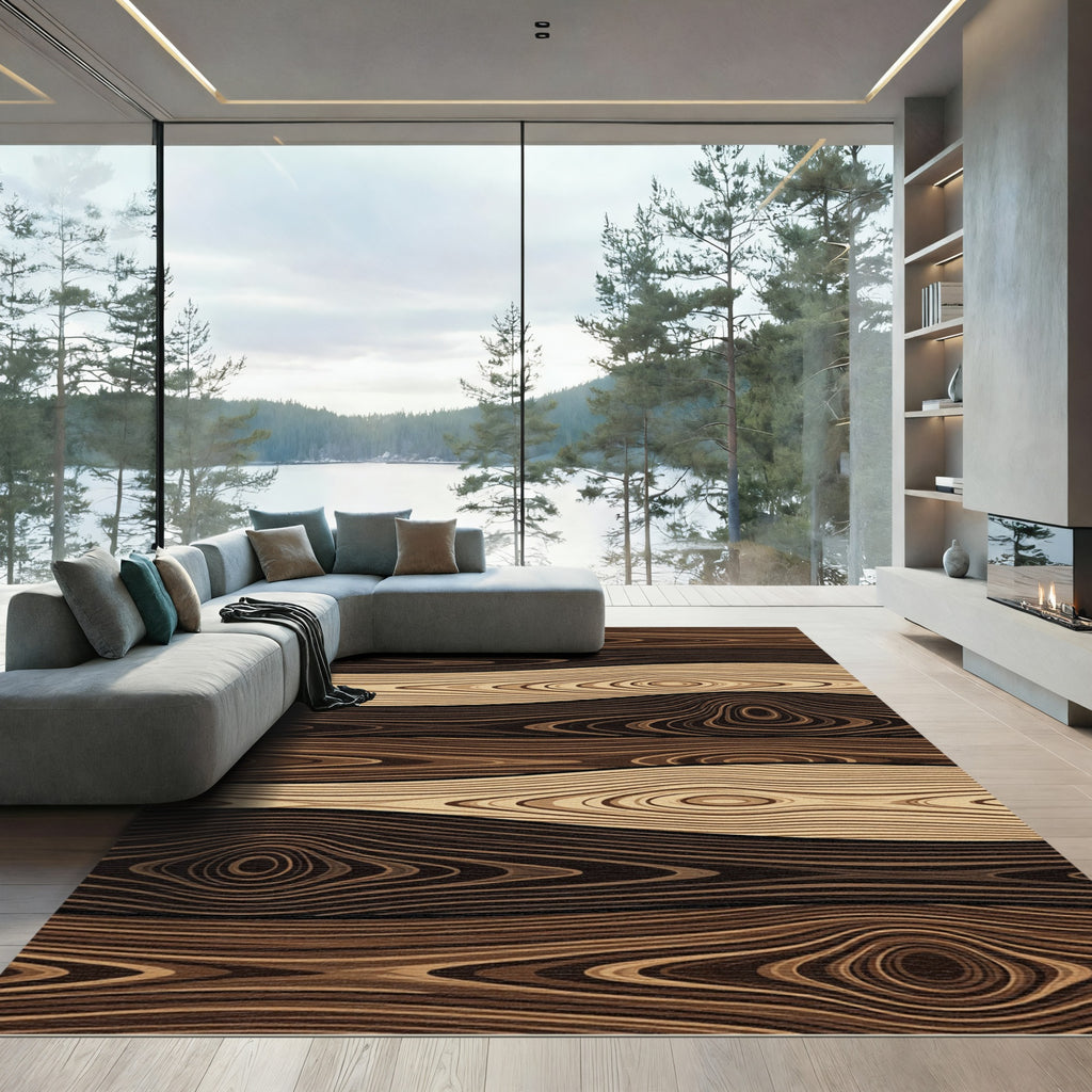 Modern Dark Wood Grain Swirl Rug