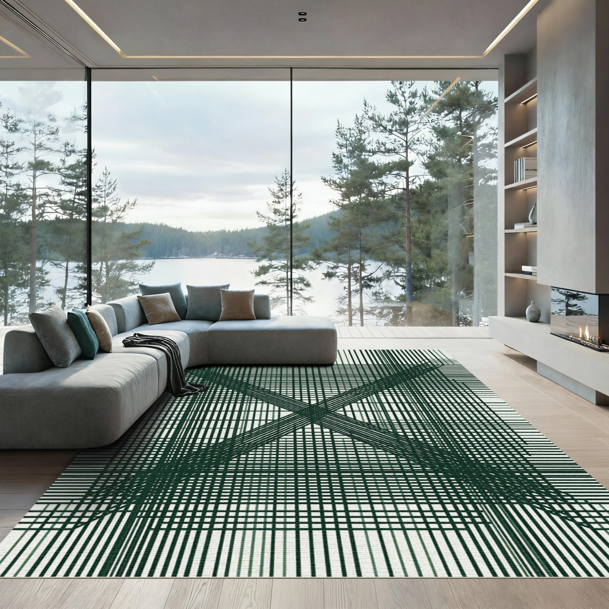 Dark Green Crossed Line Arrangement Rug
