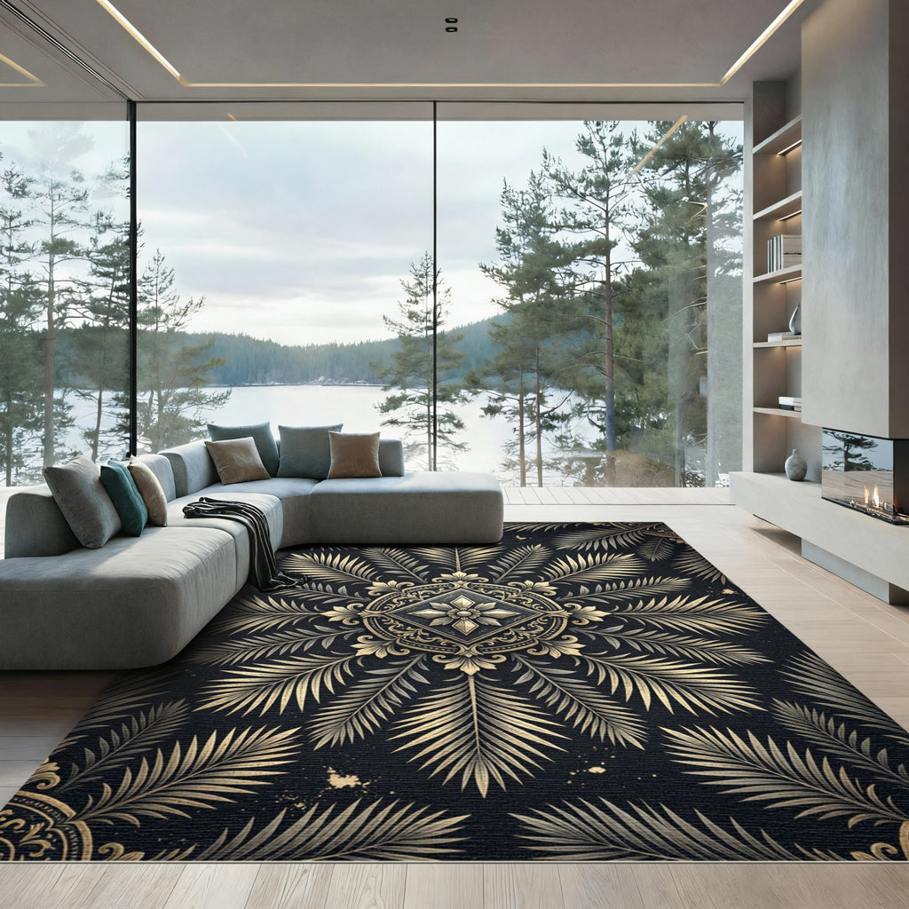 Ornate Golden Fern Mandala Rug