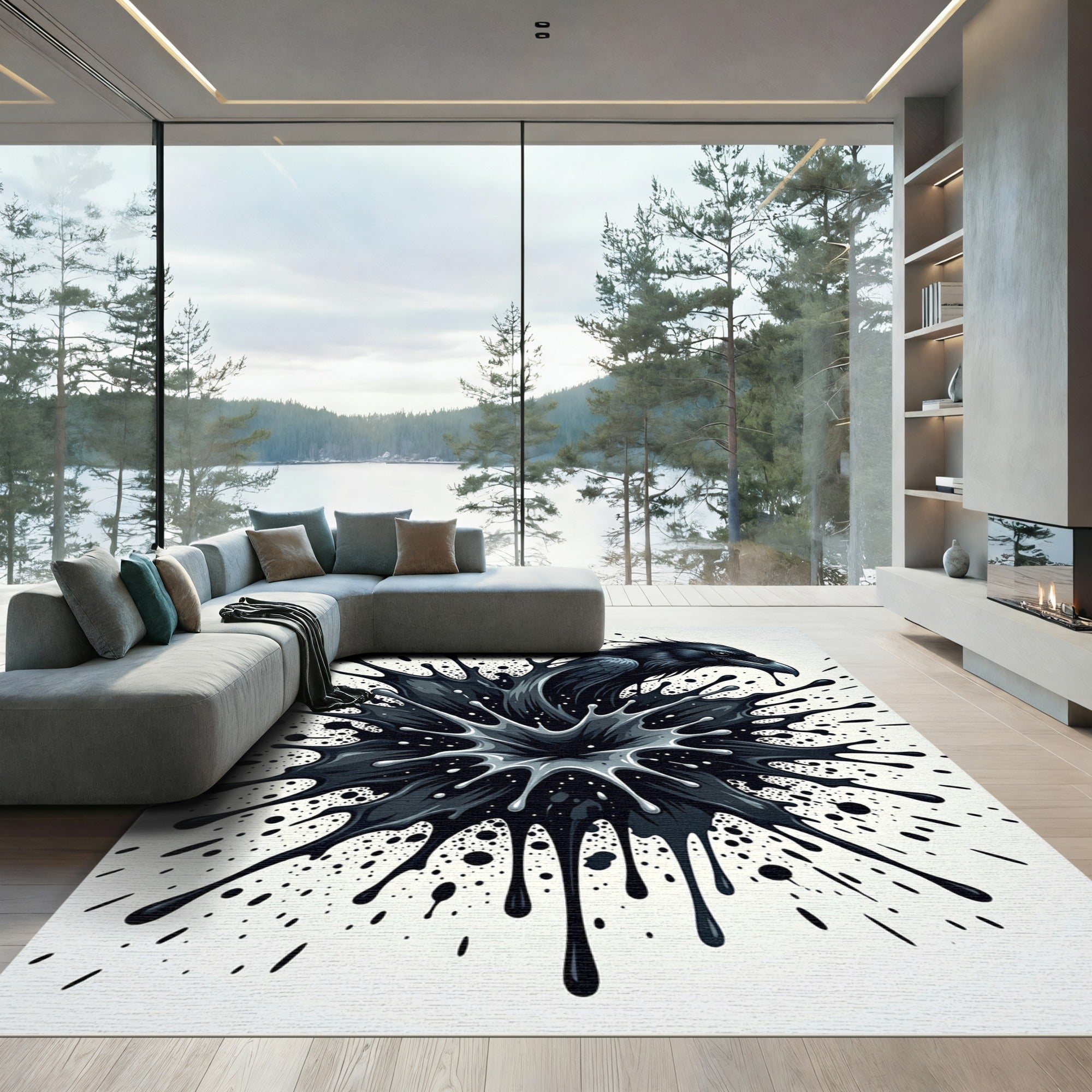 Abstract Black Raven Ink Splash Rug