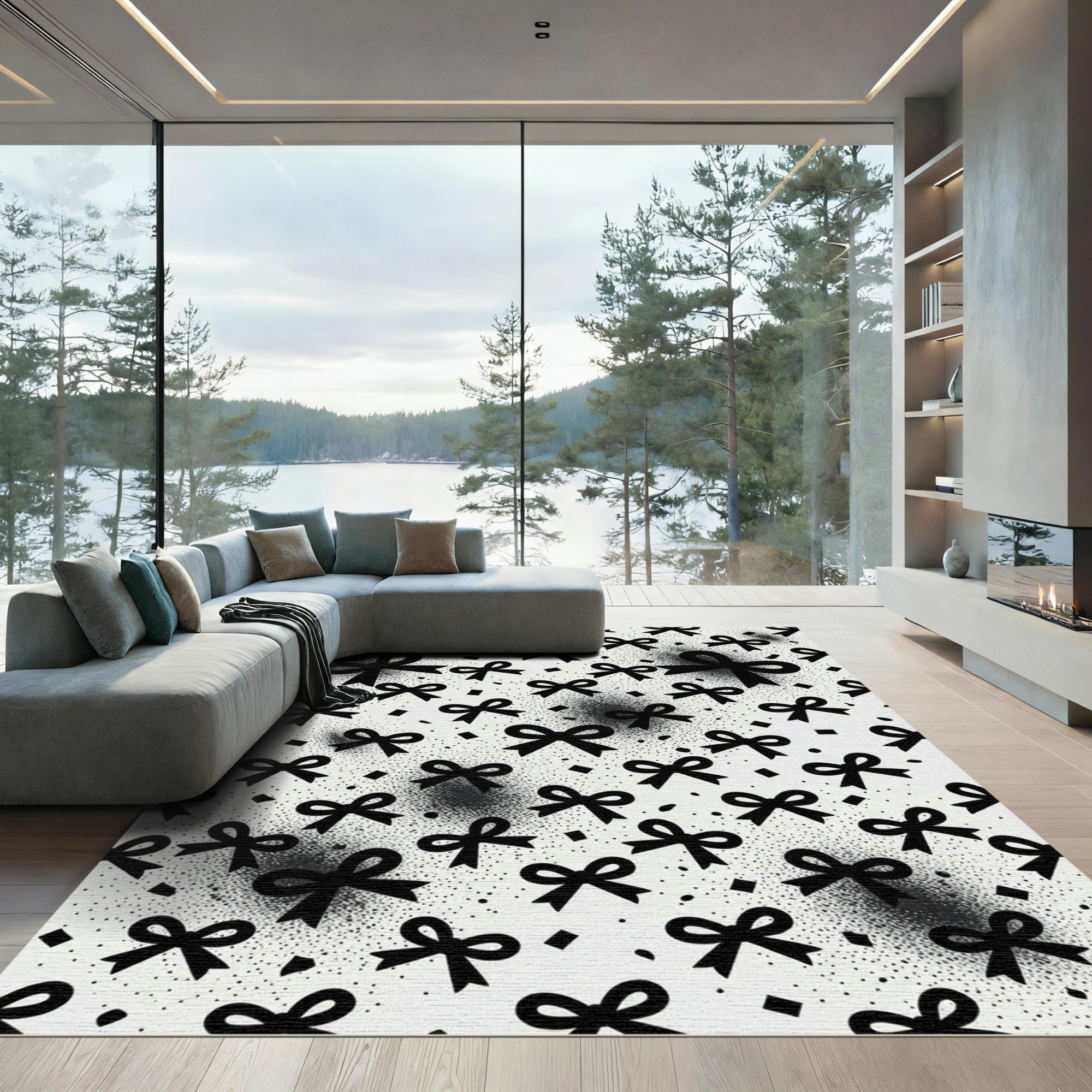 Black Bows and Dotted Minimalist Monochrome Rug