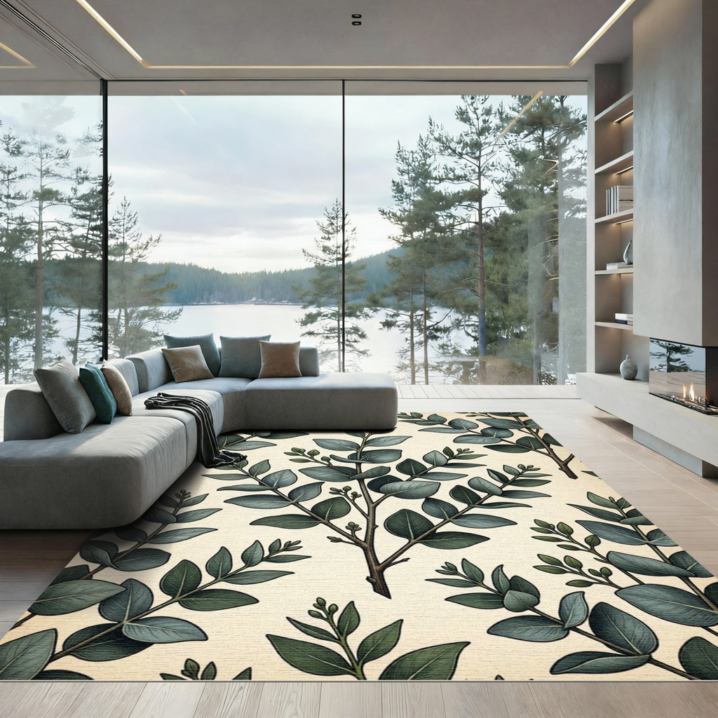 Earthy Green Eucalyptus Branch Botanical Rug