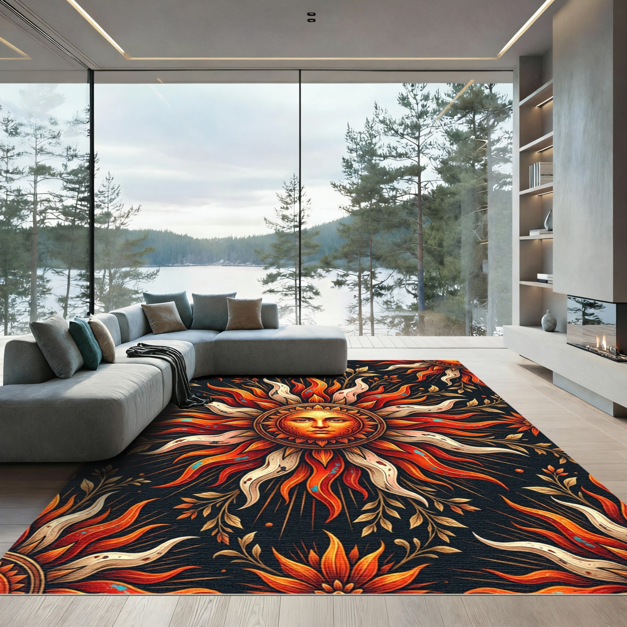 Radiant Sun Face Floral Emblem Rug