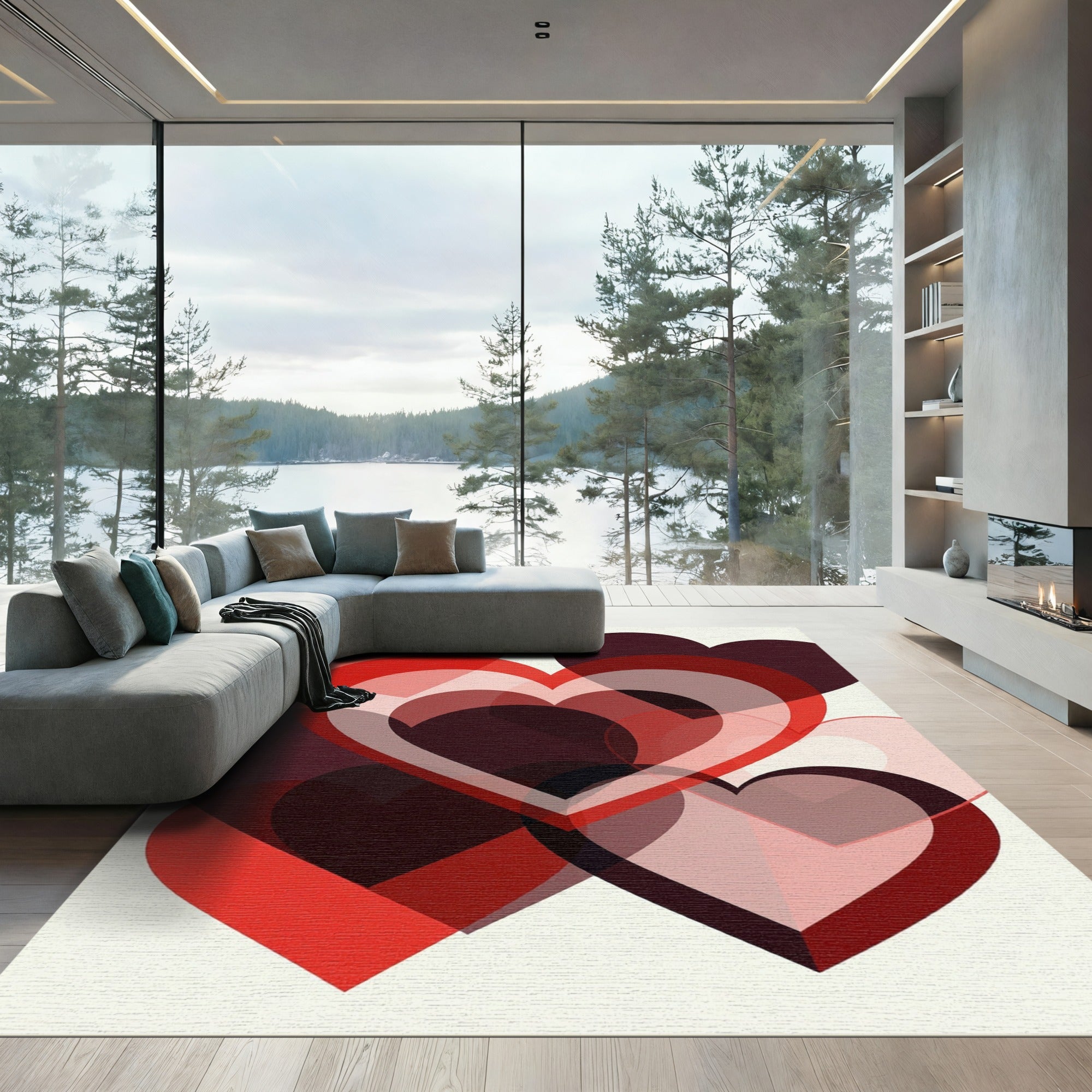 Modern Abstract Red Layered Heart Art Rug