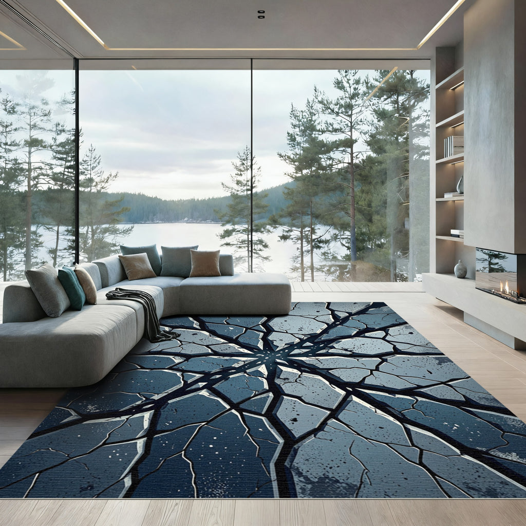 Deep Blue Cracked Stone Radiation Rug