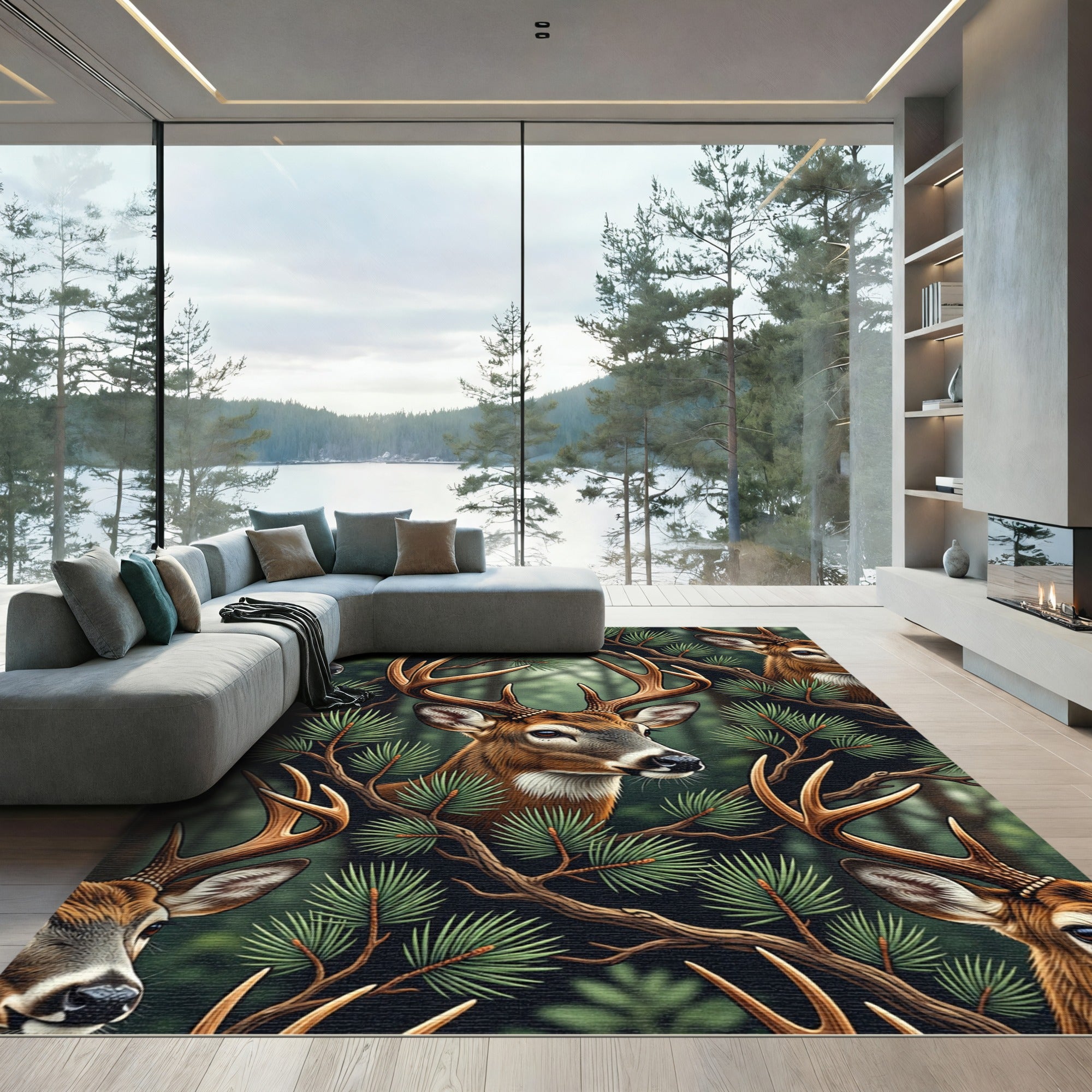 Majestic Deer Woodland Branches Background Rug
